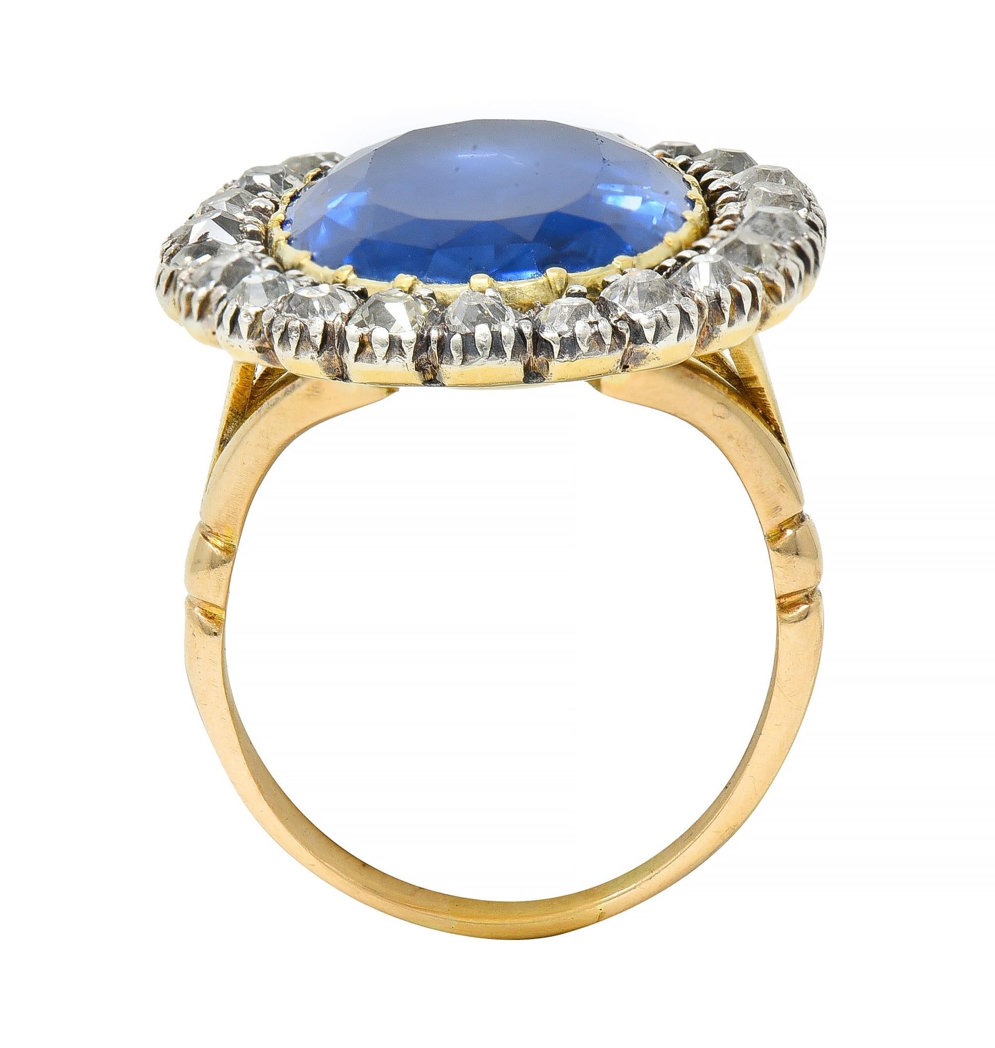 Georgian 13.01 CTW No Heat Burma Sapphire Diamond Silver 14 Karat Gold Ring