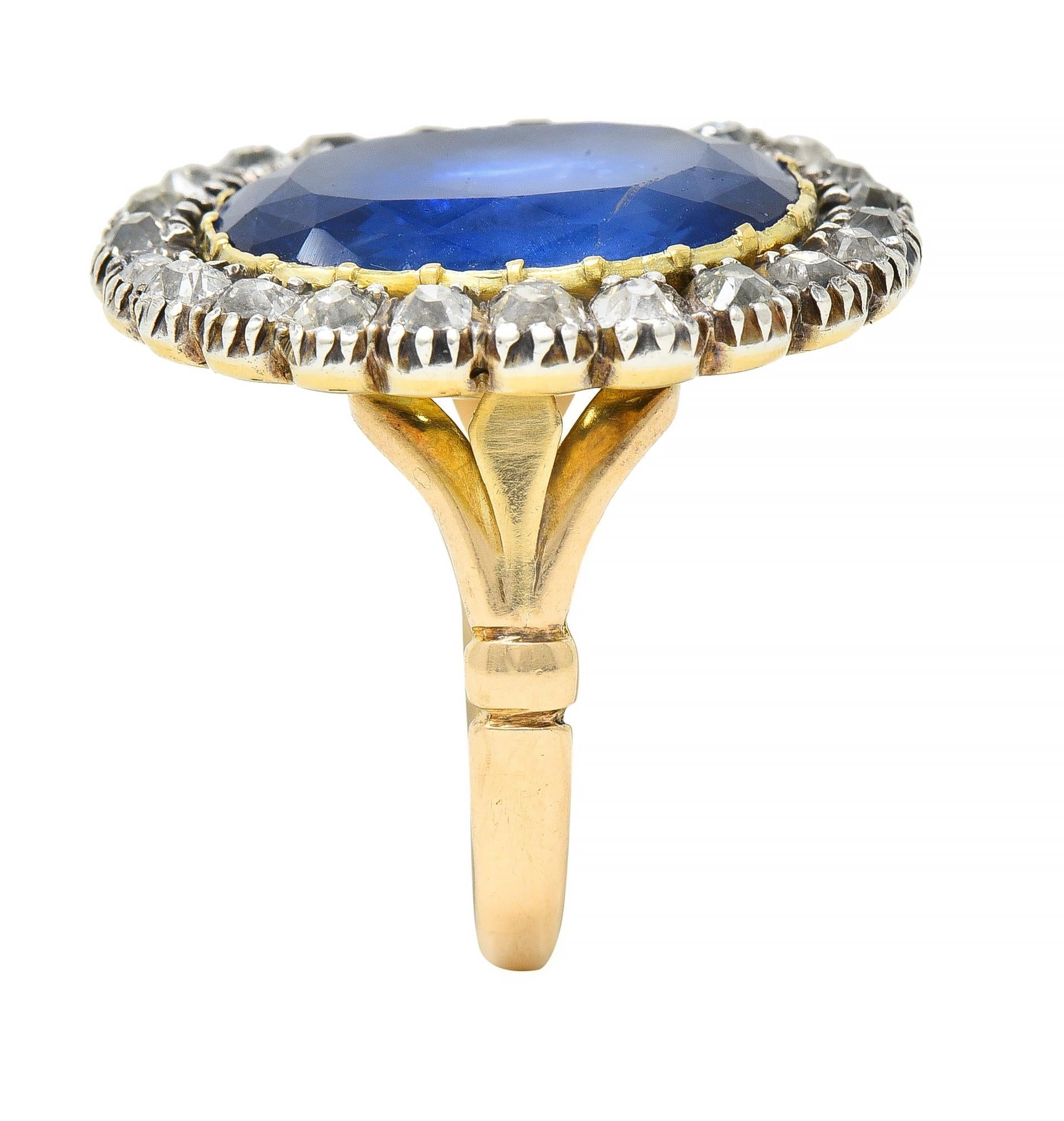 Georgian 13.01 CTW No Heat Burma Sapphire Diamond Silver 14 Karat Gold Ring