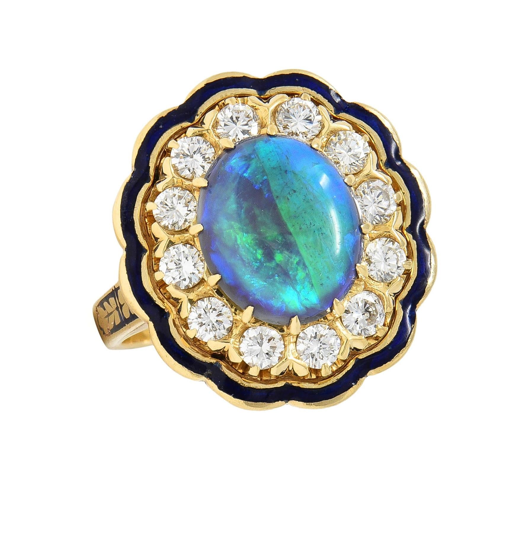 1960's Victorian Revival Black Opal Diamond Enamel 14K Gold Vintage Halo Ring