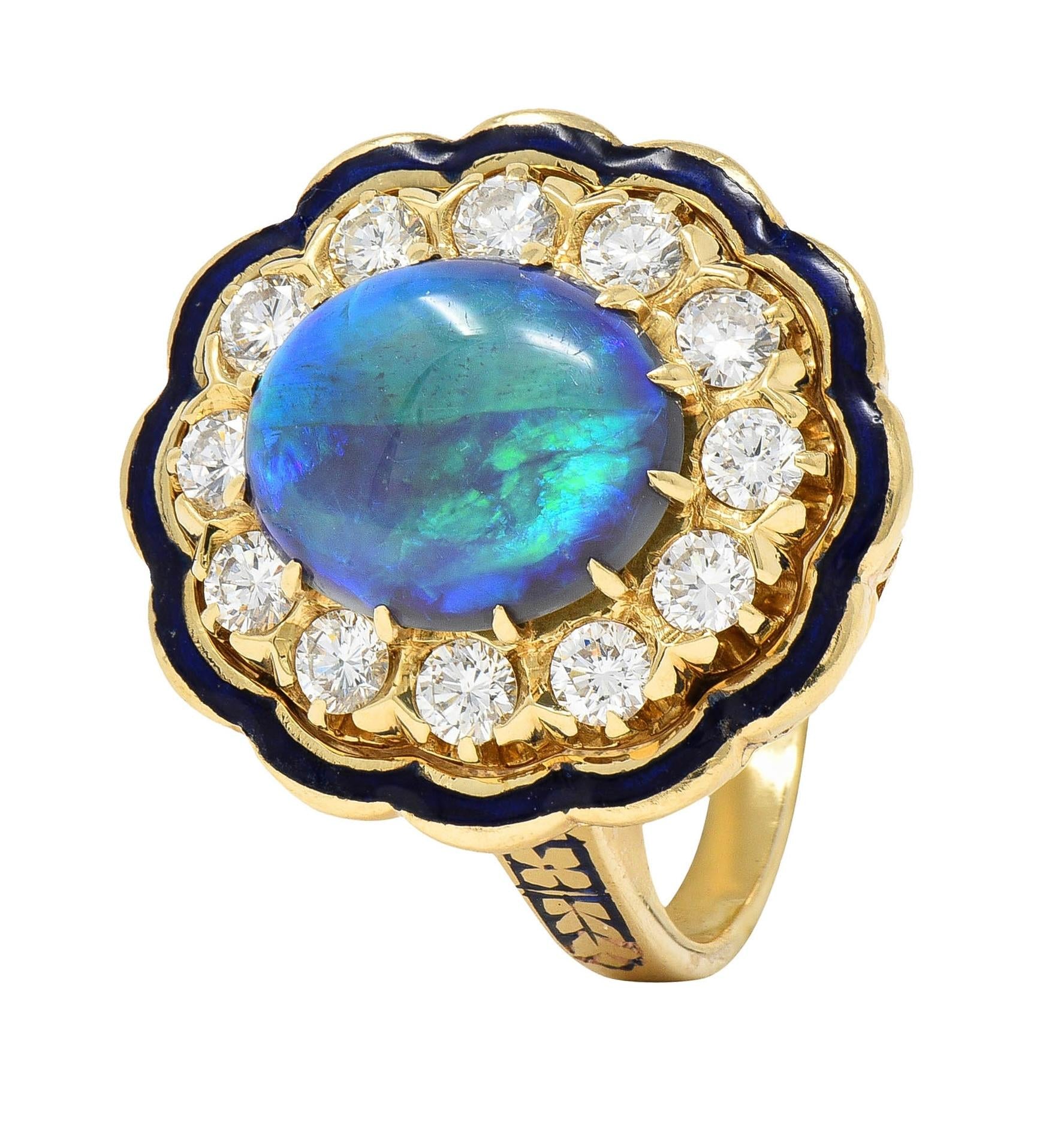 1960's Victorian Revival Black Opal Diamond Enamel 14K Gold Vintage Halo Ring