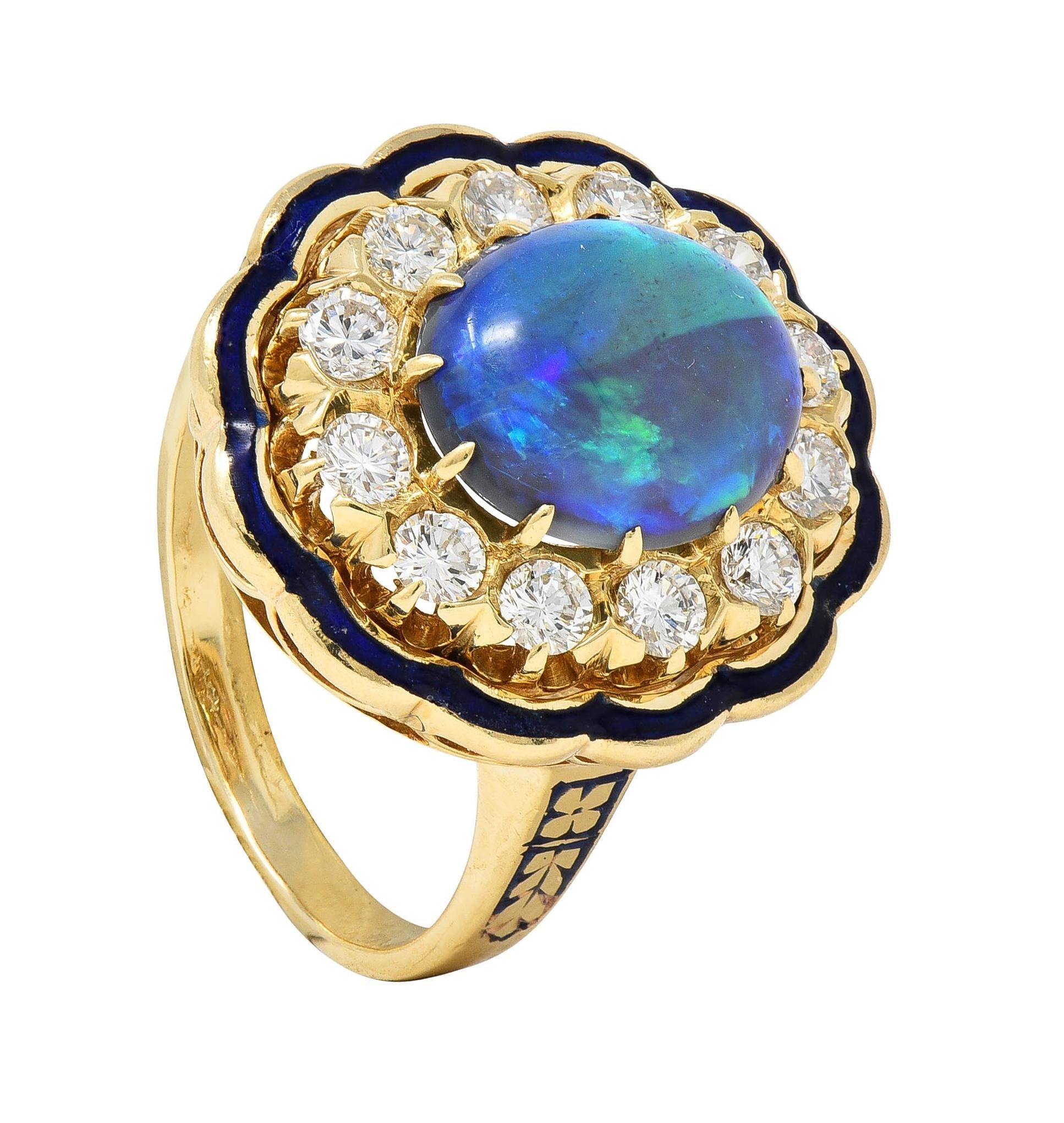 1960's Victorian Revival Black Opal Diamond Enamel 14K Gold Vintage Halo Ring