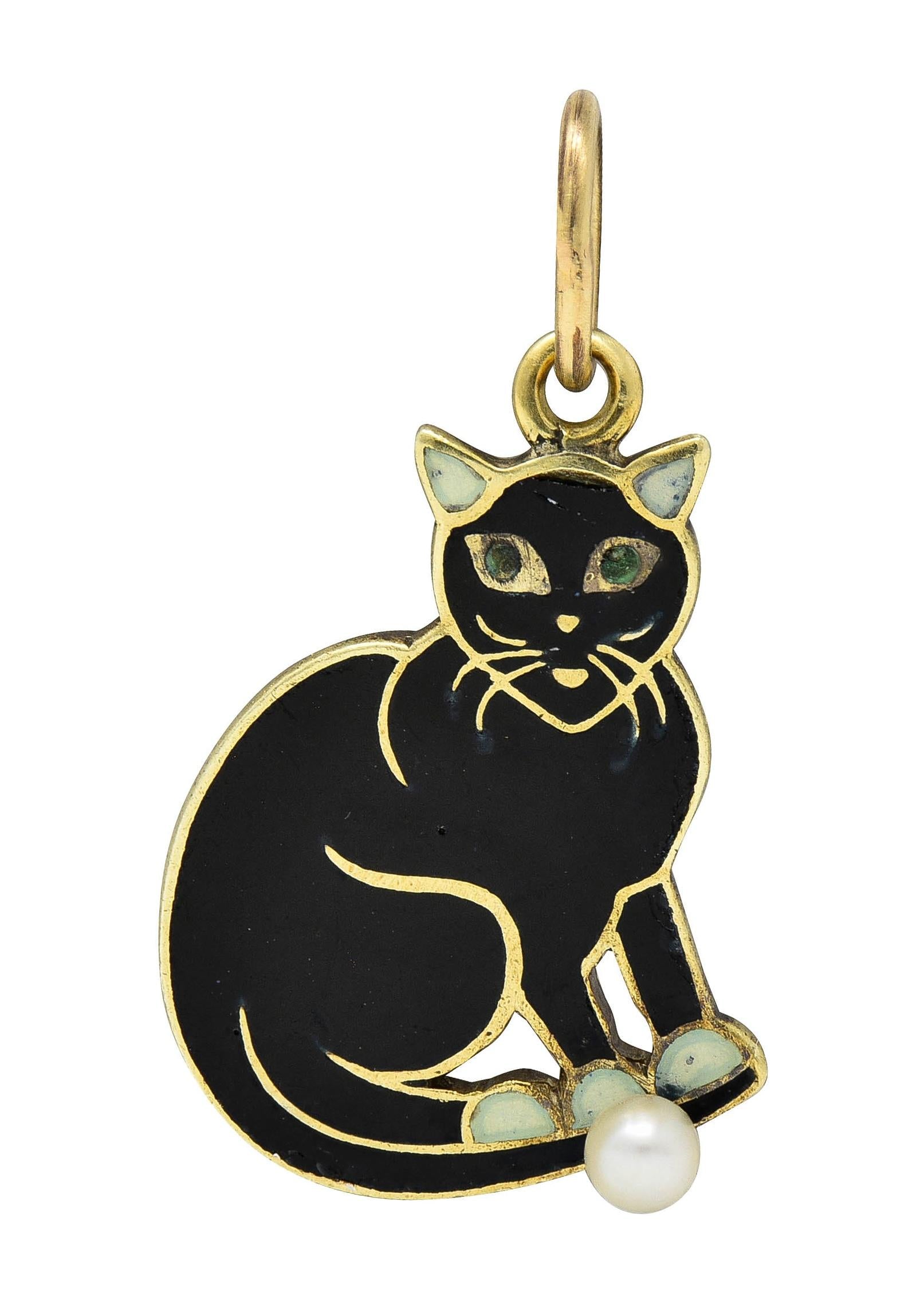 Art Nouveau 14 Karat Yellow Gold Enamel Black Cat & Ball Antique Charm