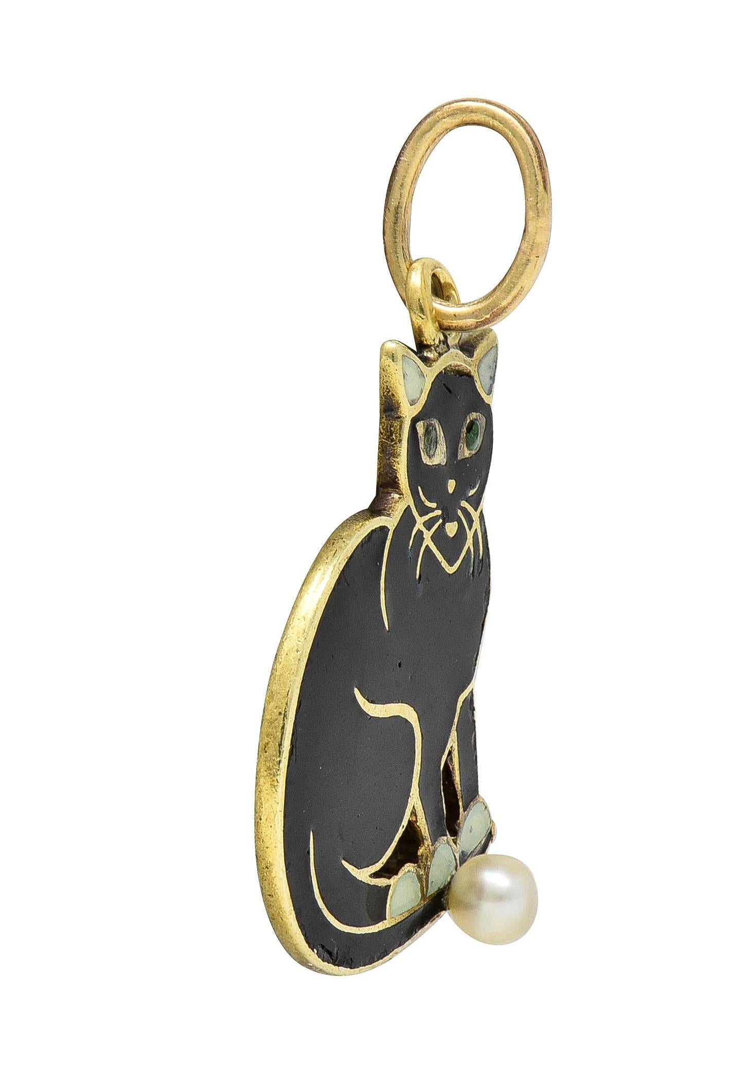 Art Nouveau 14 Karat Yellow Gold Enamel Black Cat & Ball Antique Charm