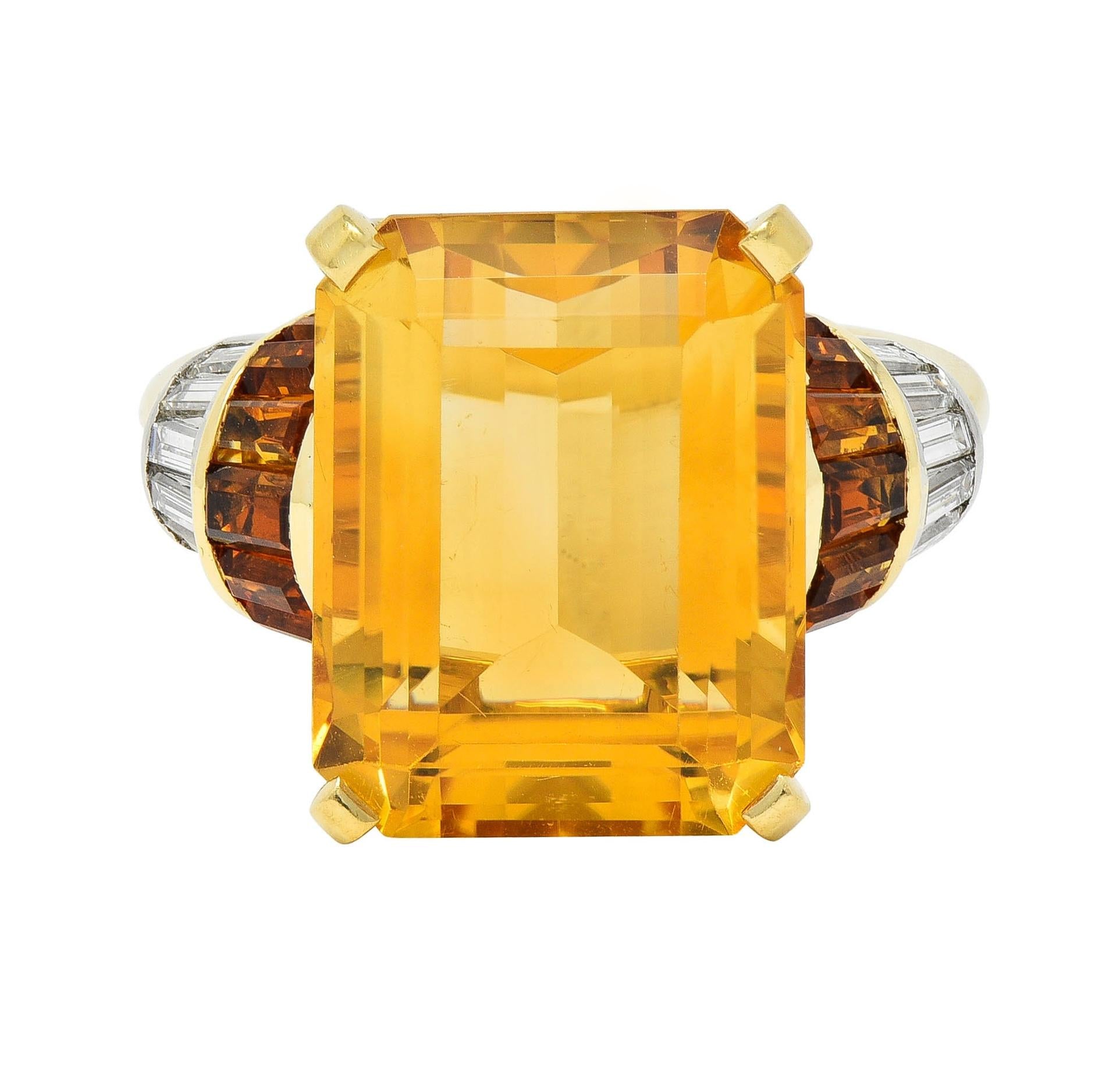 Mid-Century 14.85 CTW Citrine Diamond Platinum 18 Karat Gold Vintage Ring