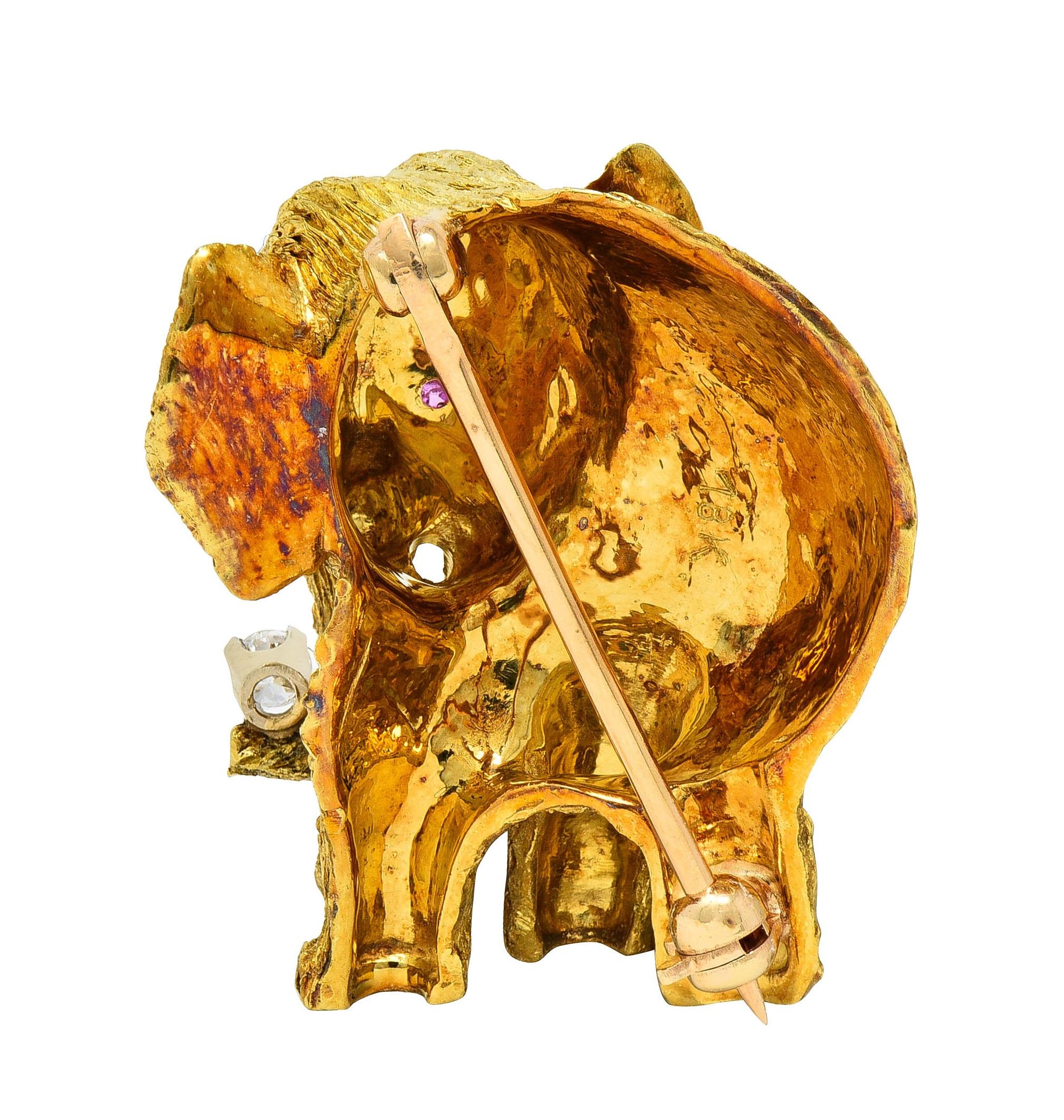 1960's Ruby Diamond 18 Karat Two-Tone Gold Vintage Elephant Brooch