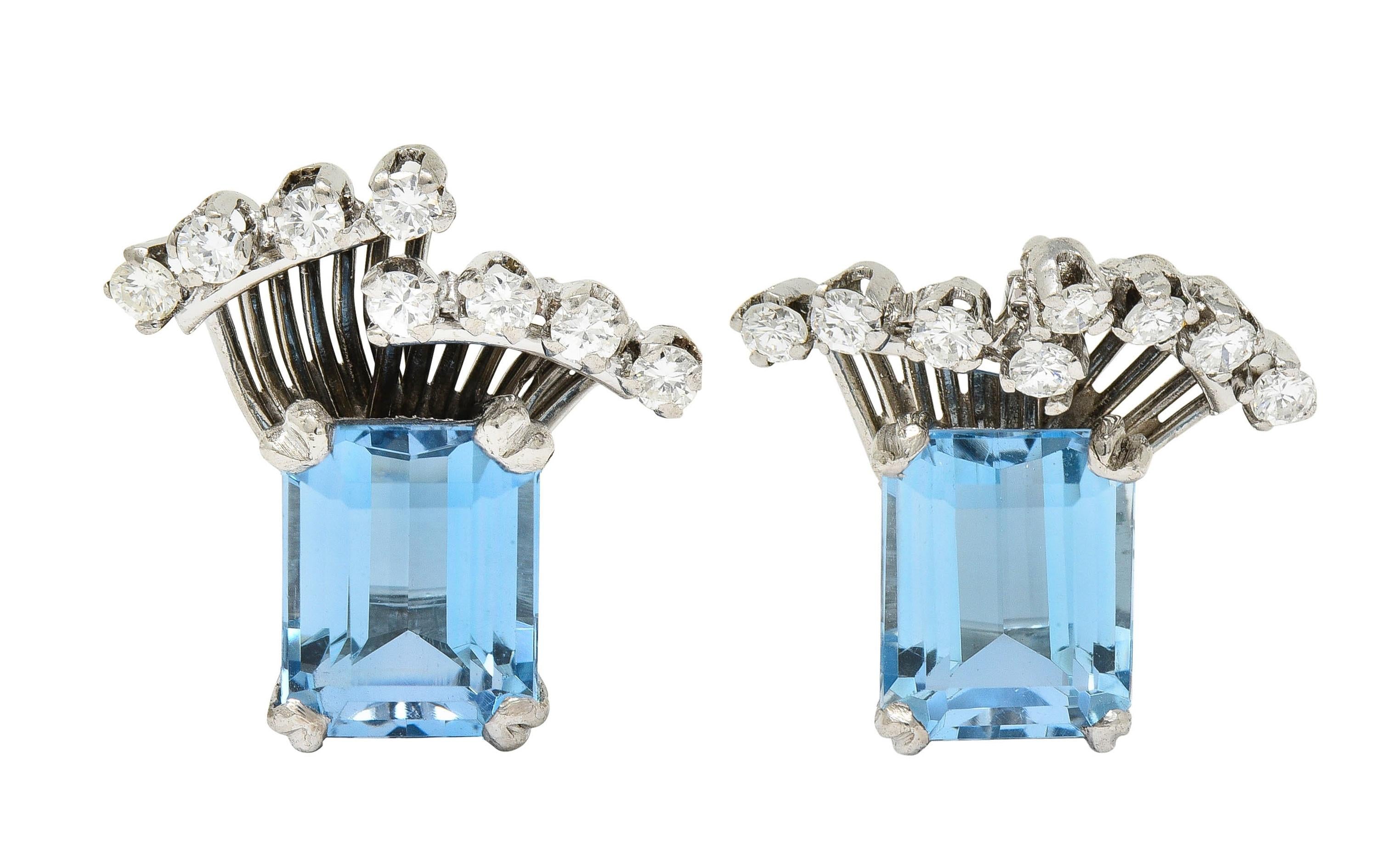 Mid-Century 5.26 CTW Aquamarine Diamond Platinum Vintage Ear-Clip Earrings