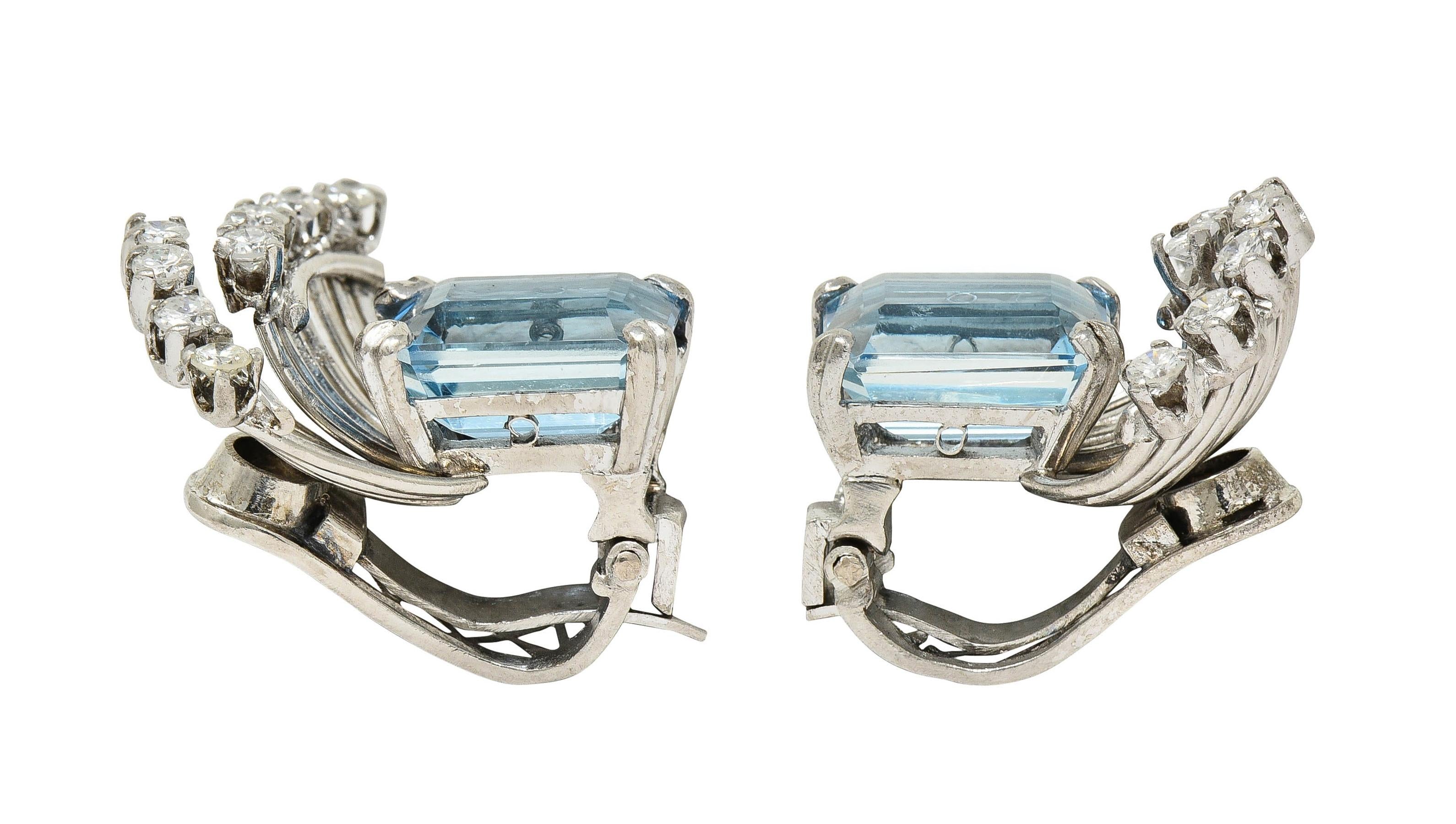 Mid-Century 5.26 CTW Aquamarine Diamond Platinum Vintage Ear-Clip Earrings