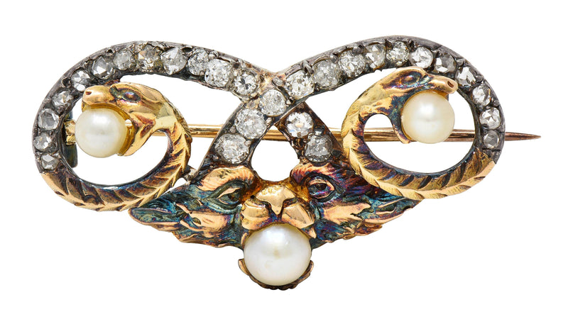 Art Nouveau Diamond Pearl Silver 18 Karat Gold Chimera Lion Snake Antique Brooch