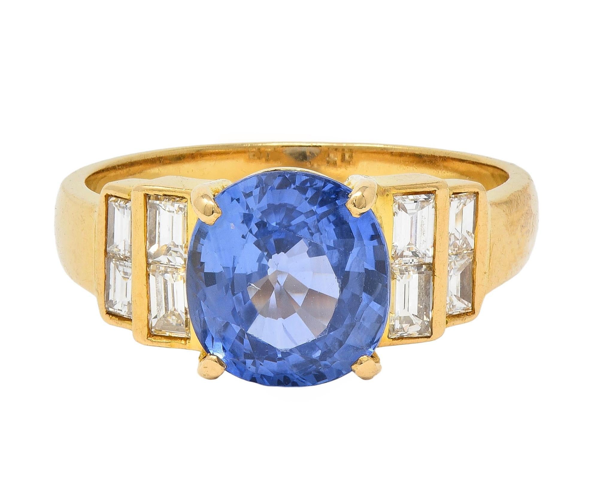 1980 4.07 CTW Ceylon Sapphire Diamond 18 Karat Yellow Gold Vintage Stepped Ring