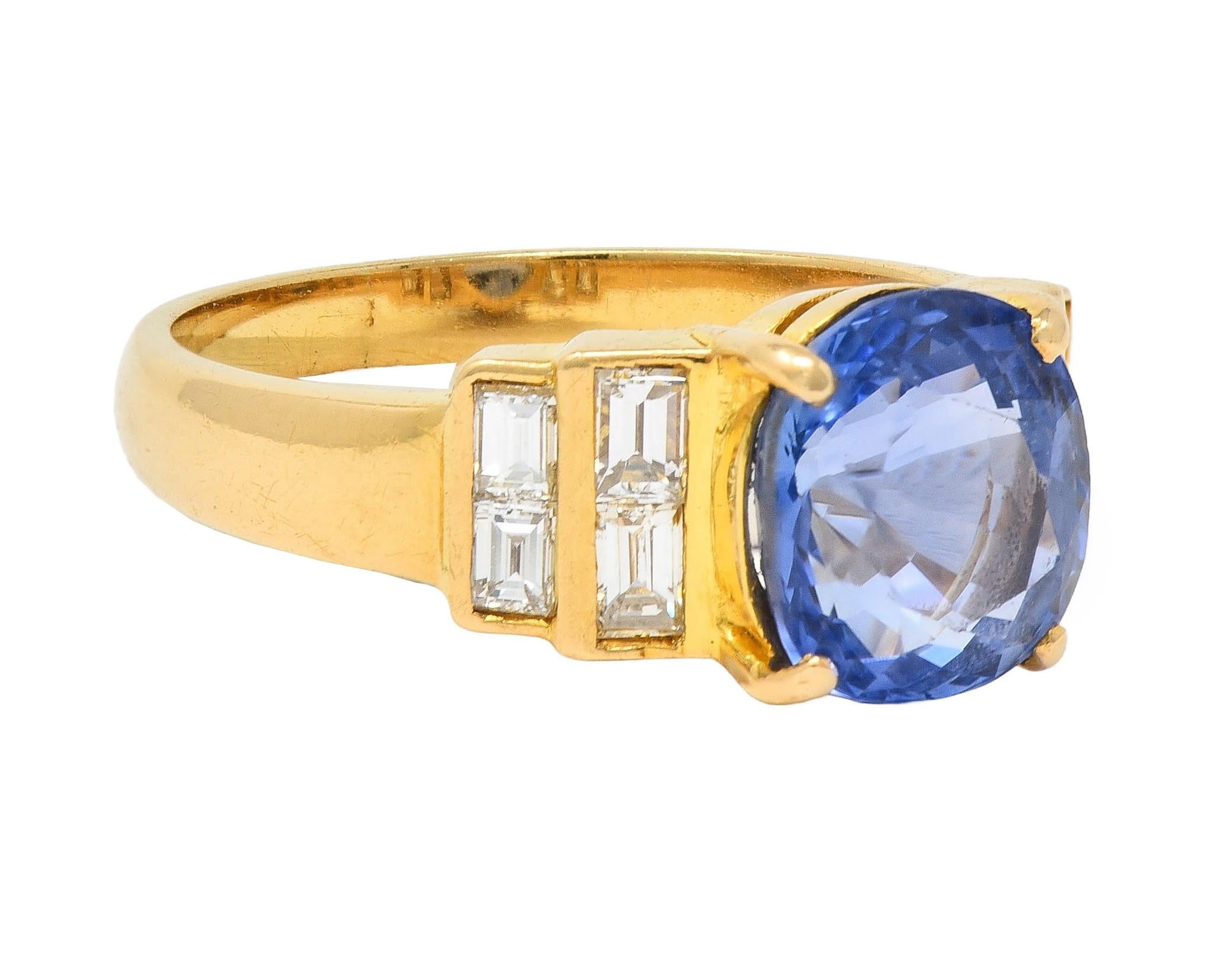 1980 4.07 CTW Ceylon Sapphire Diamond 18 Karat Yellow Gold Vintage Stepped Ring