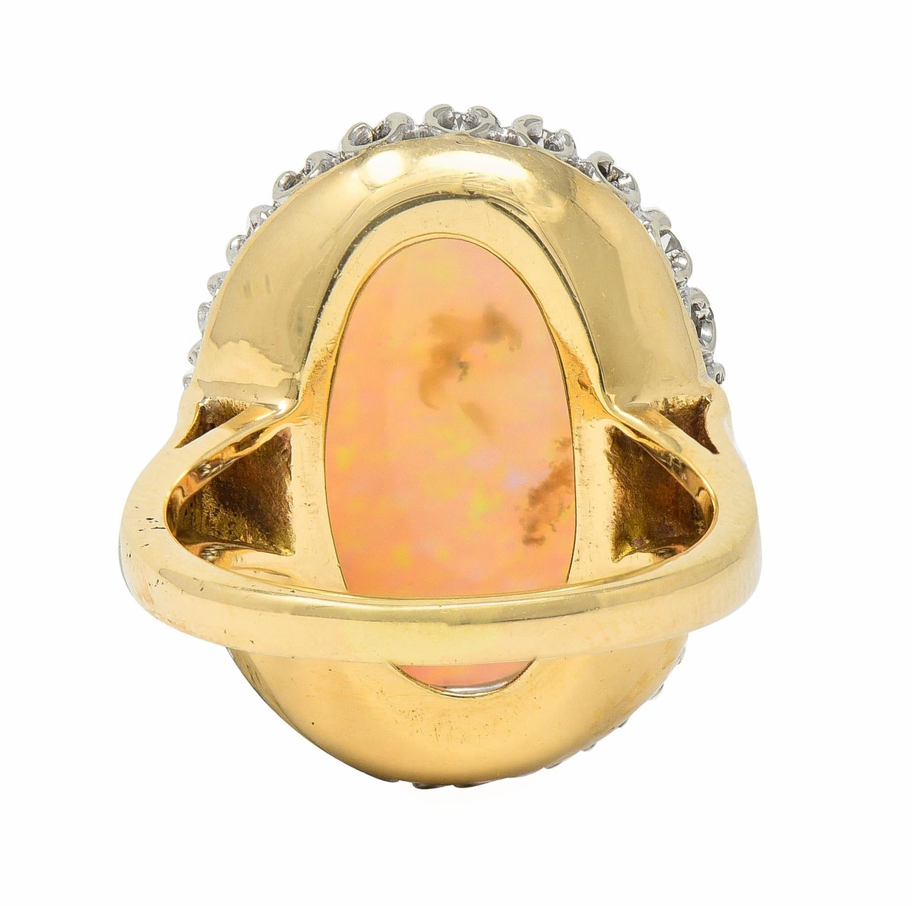 Mid-Century Diamond Opal Platinum 14 Karat Yellow Gold Vintage Halo Cluster Ring