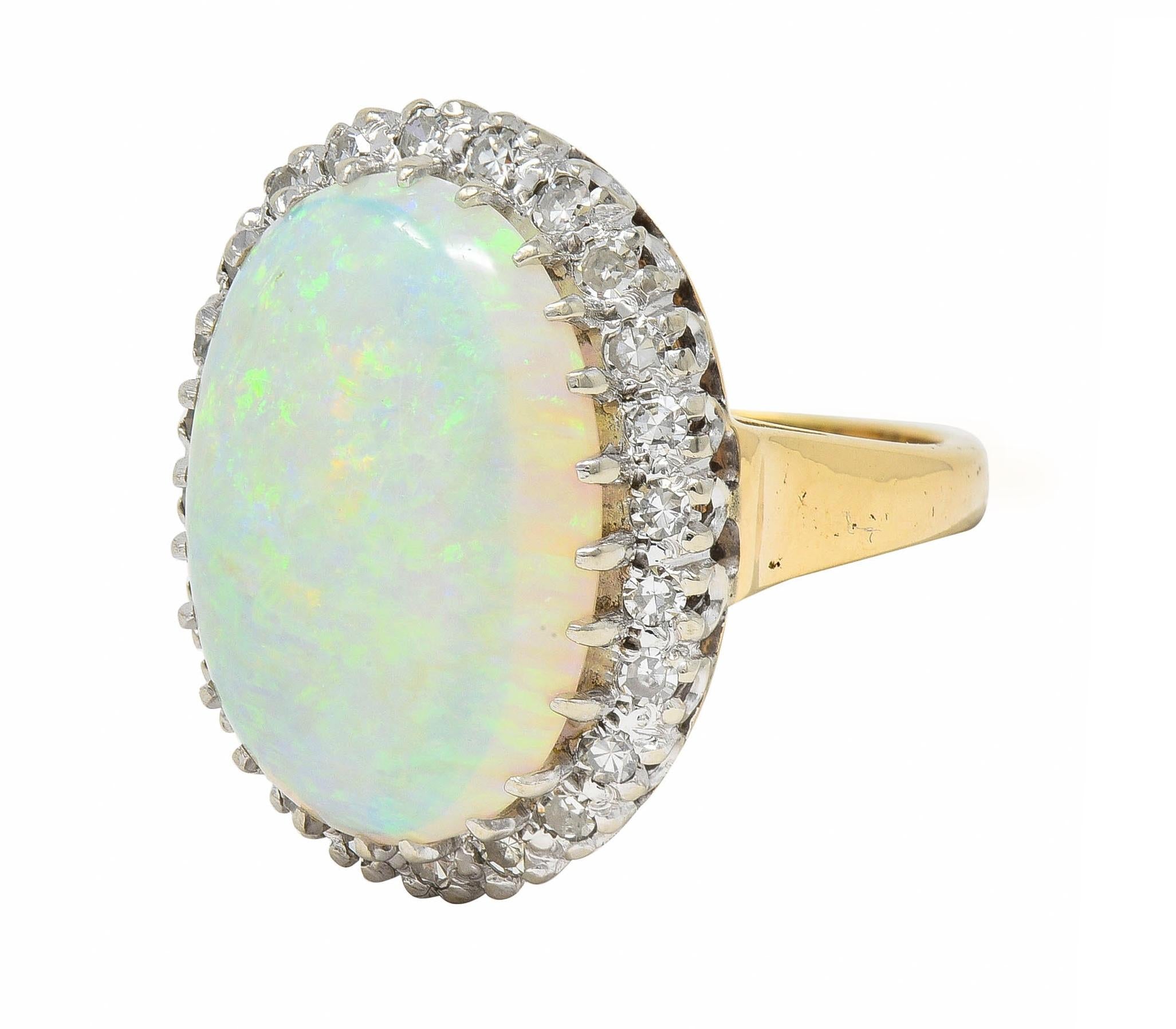 Mid-Century Diamond Opal Platinum 14 Karat Yellow Gold Vintage Halo Cluster Ring