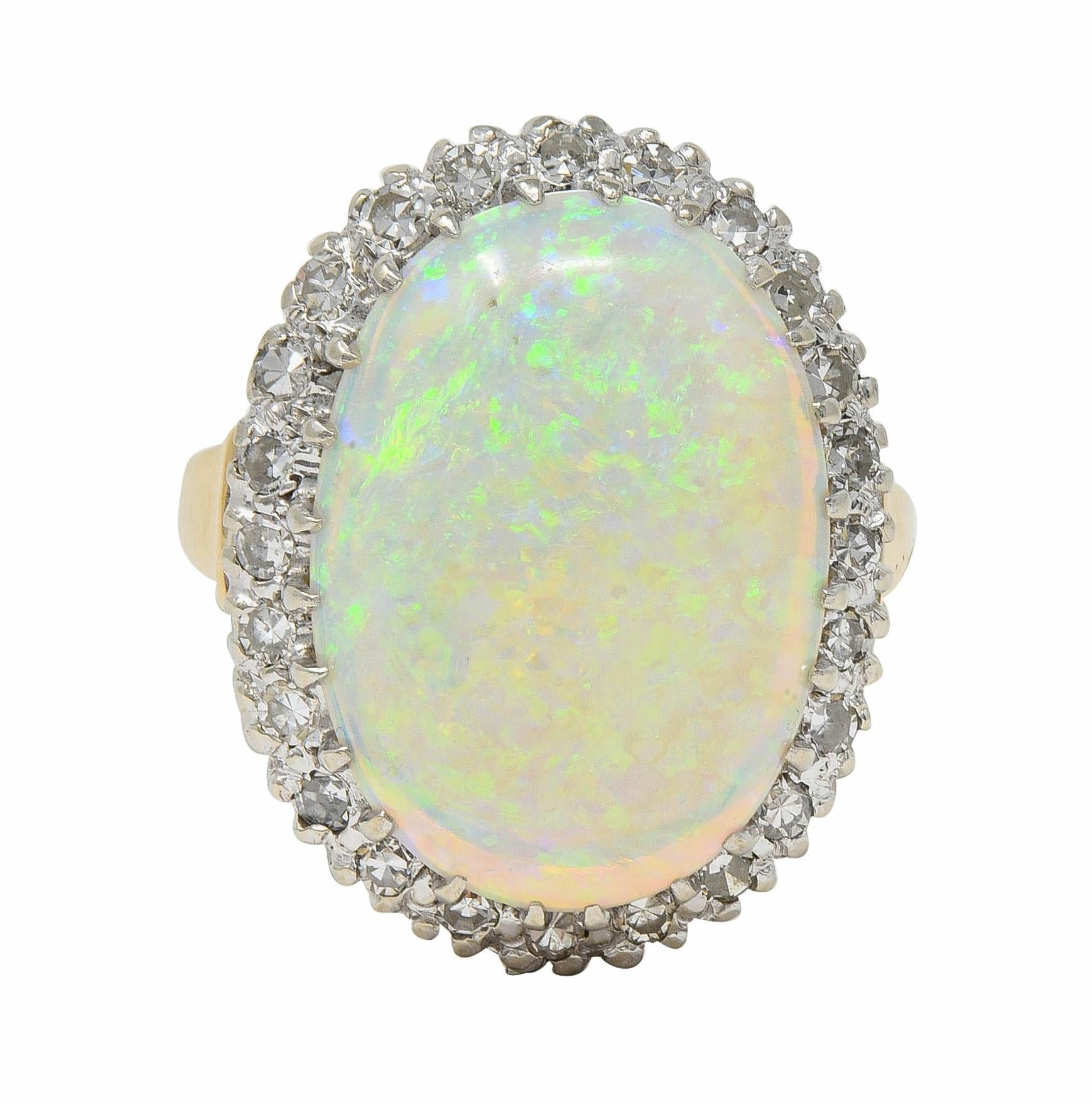 Mid-Century Diamond Opal Platinum 14 Karat Yellow Gold Vintage Halo Cluster Ring