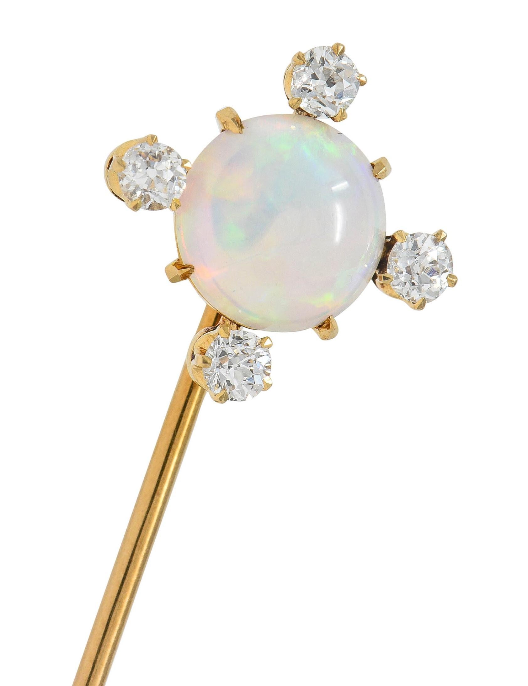 1880's Victorian Opal Diamond 18 Karat Yellow Gold Antique Quatrefoil Stickpin