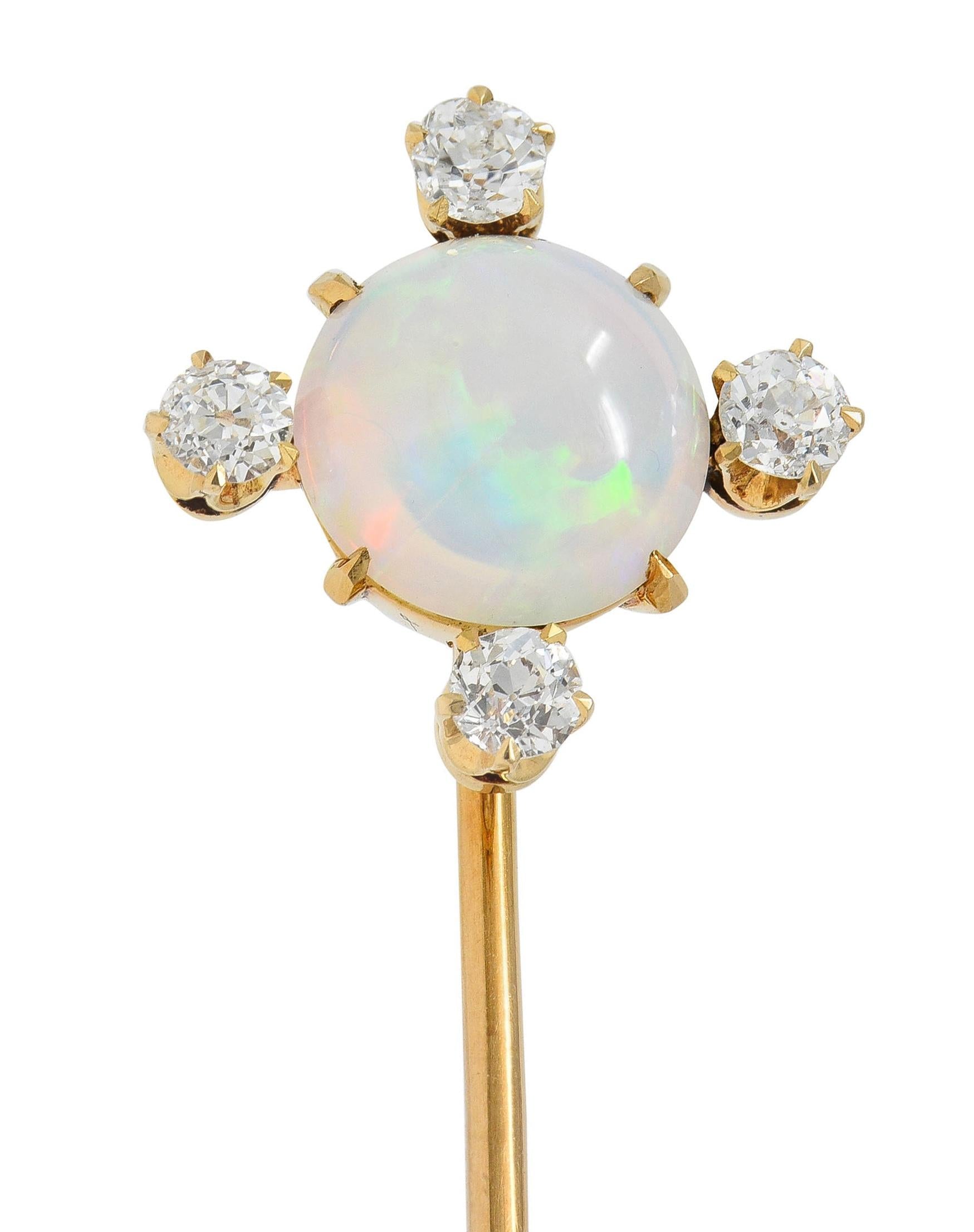 1880's Victorian Opal Diamond 18 Karat Yellow Gold Antique Quatrefoil Stickpin