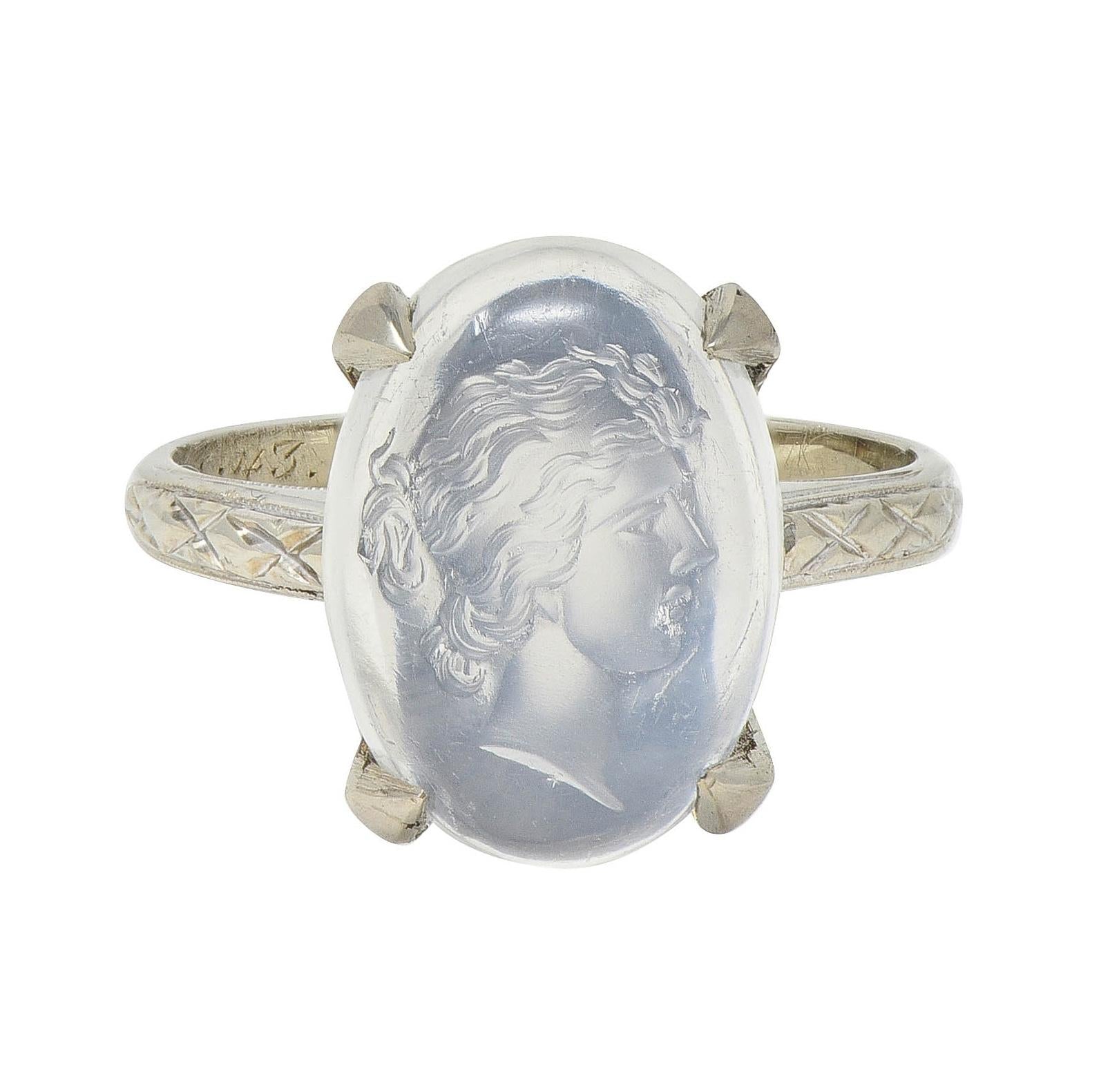 Retro 1943 Carved Moonstone 14 Karat White Gold Vintage Intaglio Ring