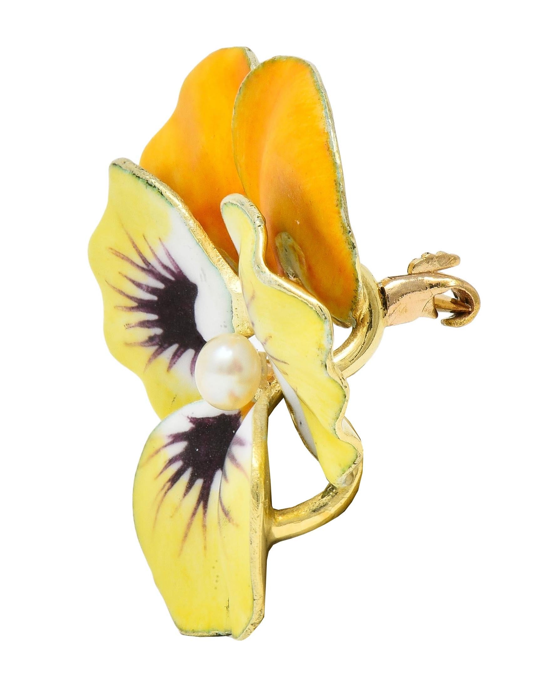 A.J. Hedges Art Nouveau Yellow Enamel Pearl 14 Karat Gold Antique Pansy Brooch