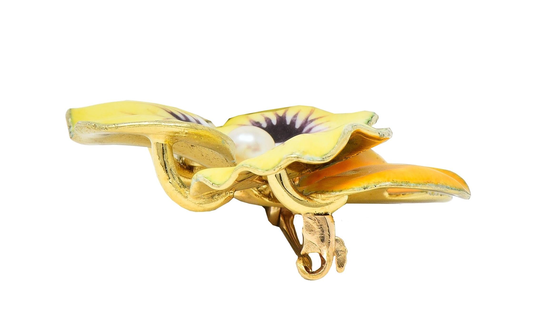 A.J. Hedges Art Nouveau Yellow Enamel Pearl 14 Karat Gold Antique Pansy Brooch