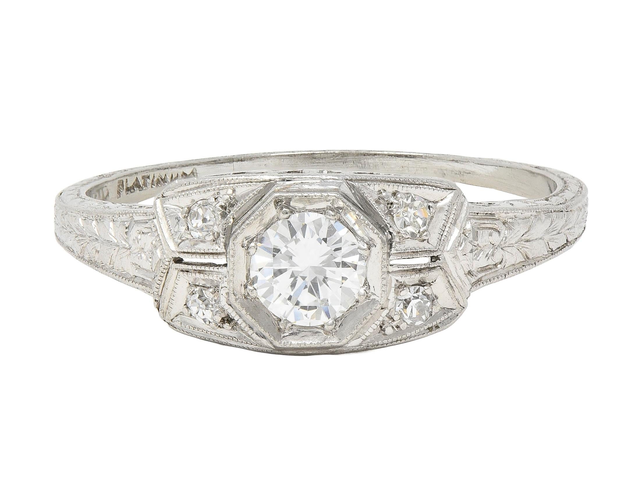 Art Deco 0.47 CTW Diamond Platinum Scrolling Foliate Vintage Engagement Ring