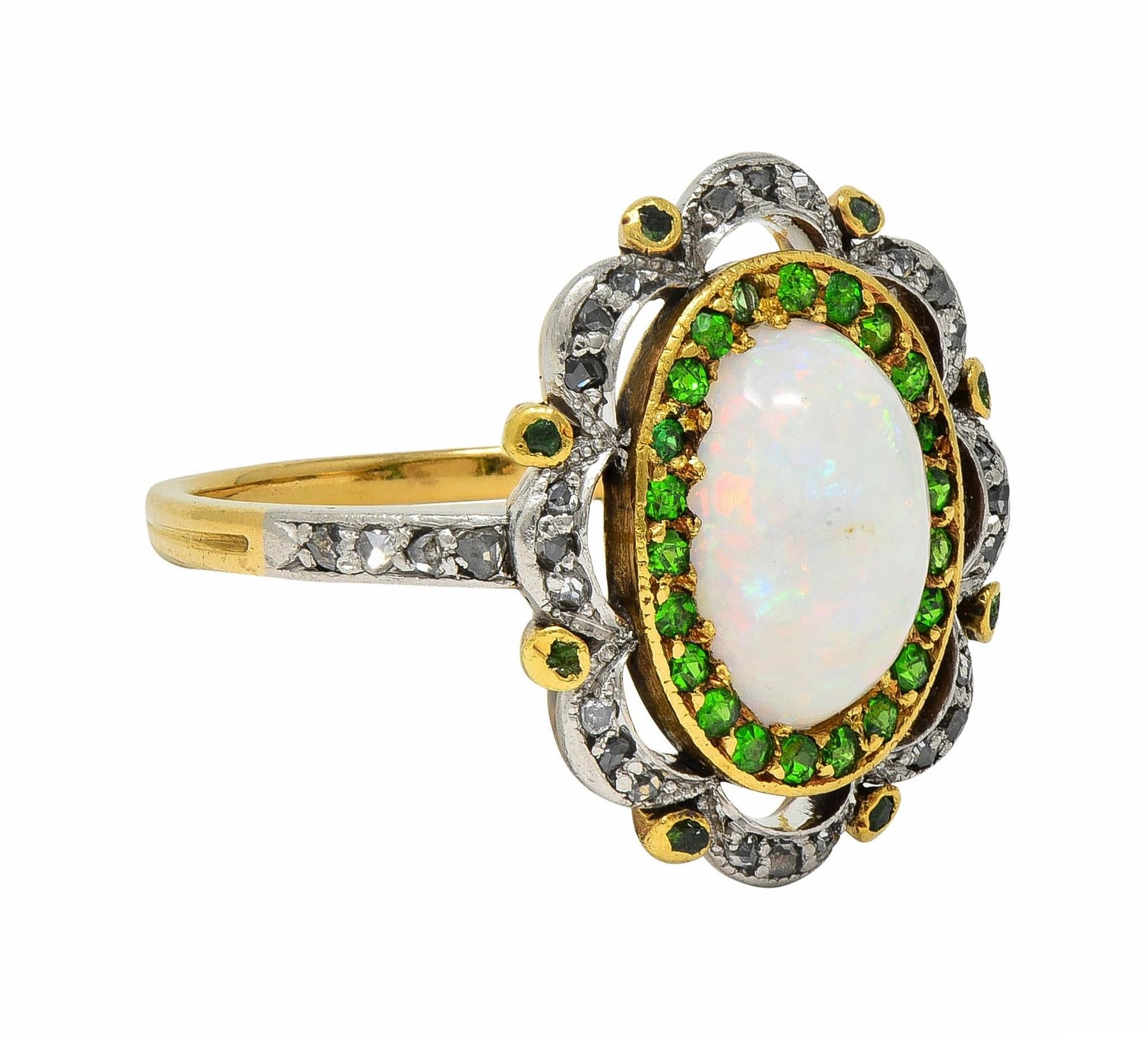 Edwardian Opal Diamond Demantoid Garnet Platinum 18 Karat Gold Antique Ring