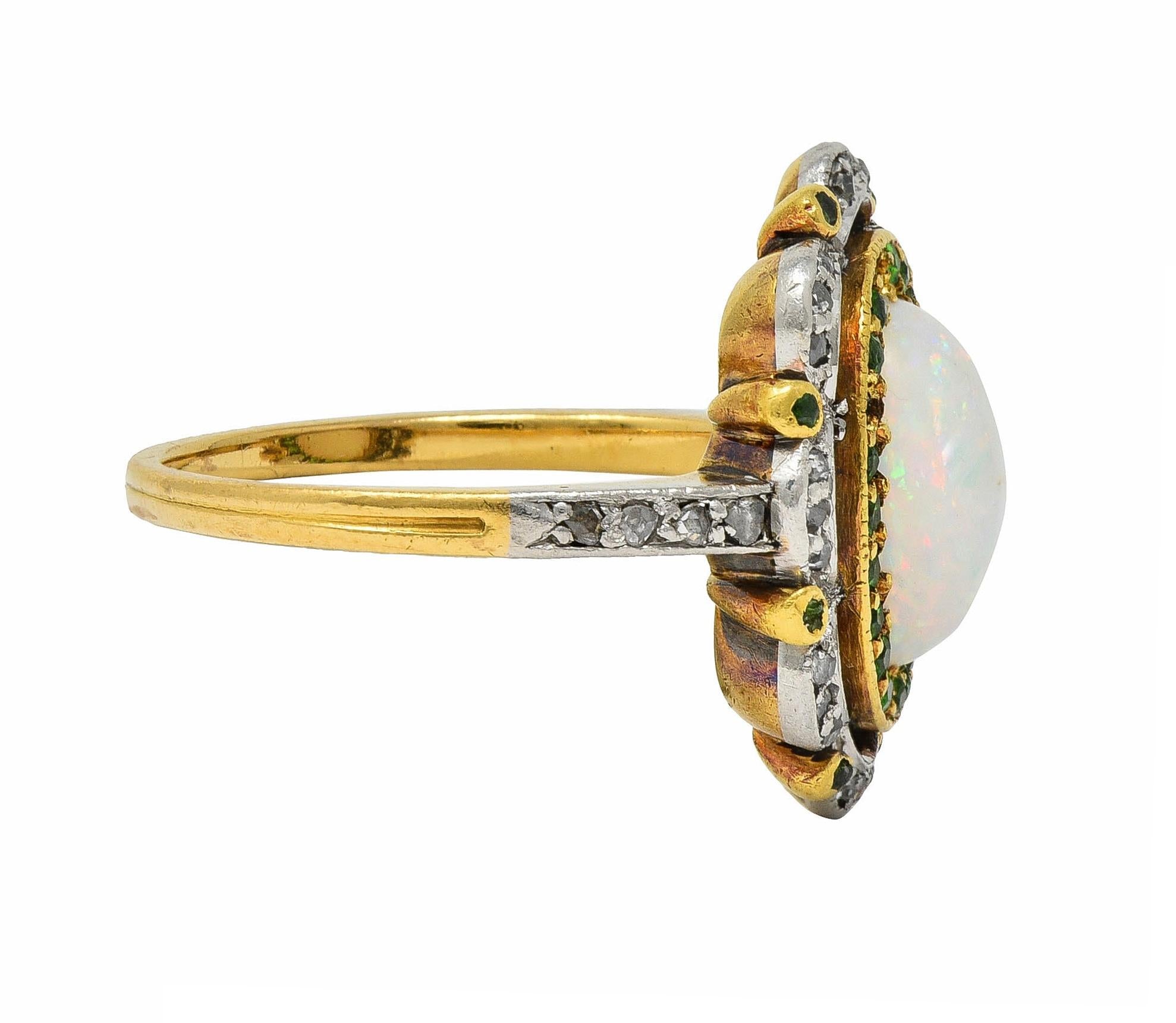 Edwardian Opal Diamond Demantoid Garnet Platinum 18 Karat Gold Antique Ring