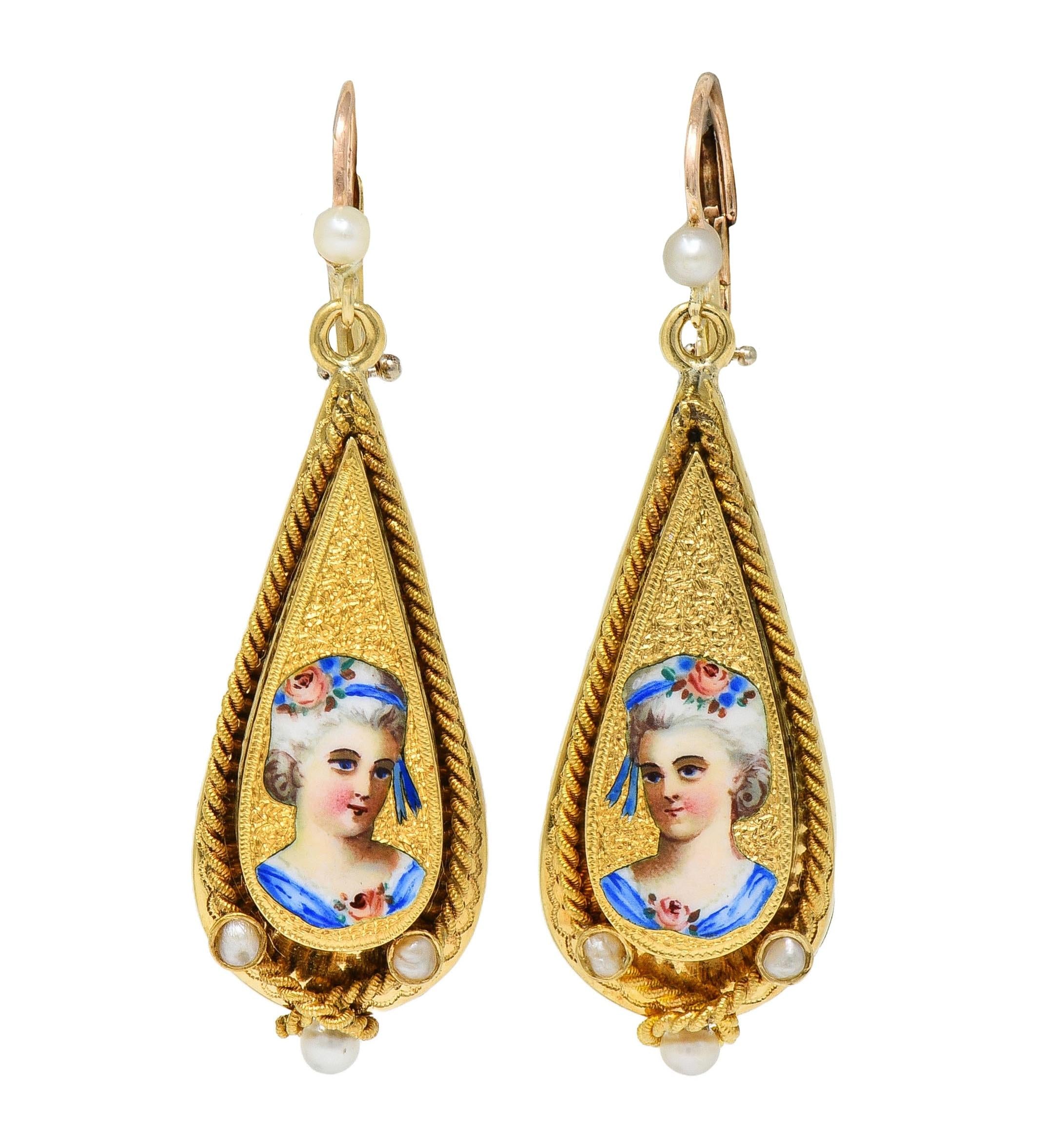 Victorian Enamel Pearl 14 Karat Yellow Gold Antique Painted Lady Drop Earrings