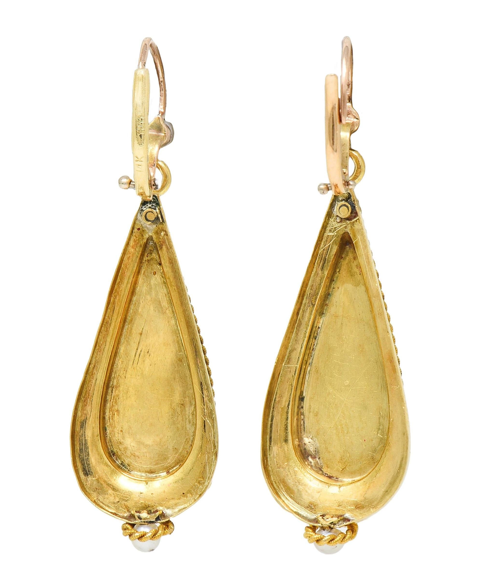 Victorian Enamel Pearl 14 Karat Yellow Gold Antique Painted Lady Drop Earrings