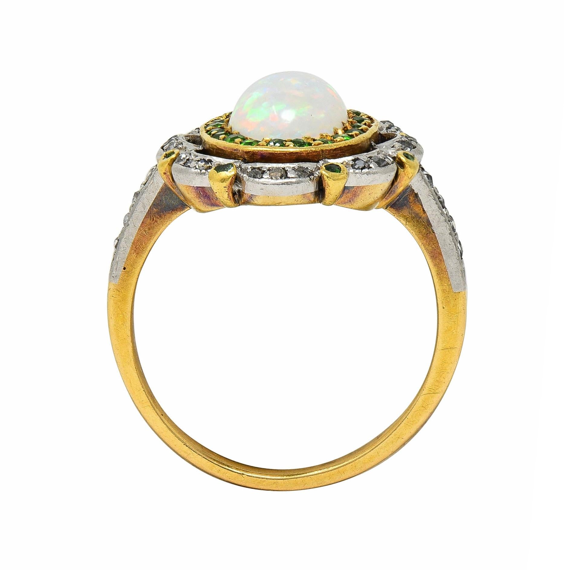 Edwardian Opal Diamond Demantoid Garnet Platinum 18 Karat Gold Antique Ring