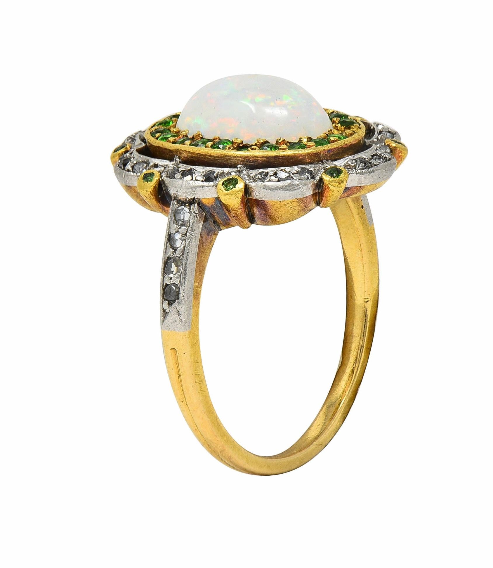 Edwardian Opal Diamond Demantoid Garnet Platinum 18 Karat Gold Antique Ring