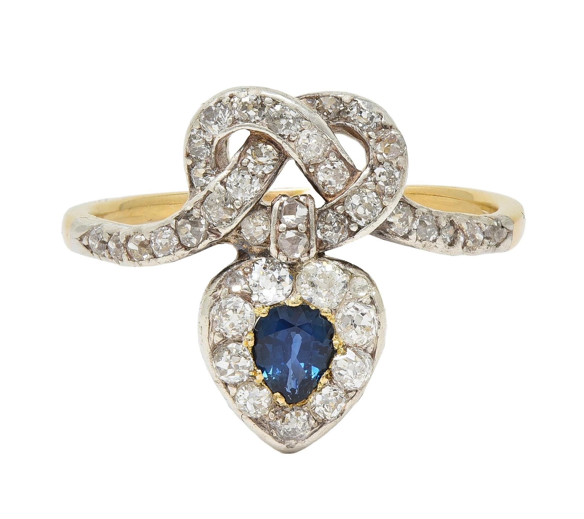 Victorian 1.60 CTW Sapphire Diamond Silver 14 Karat Gold Antique Love Knot Ring