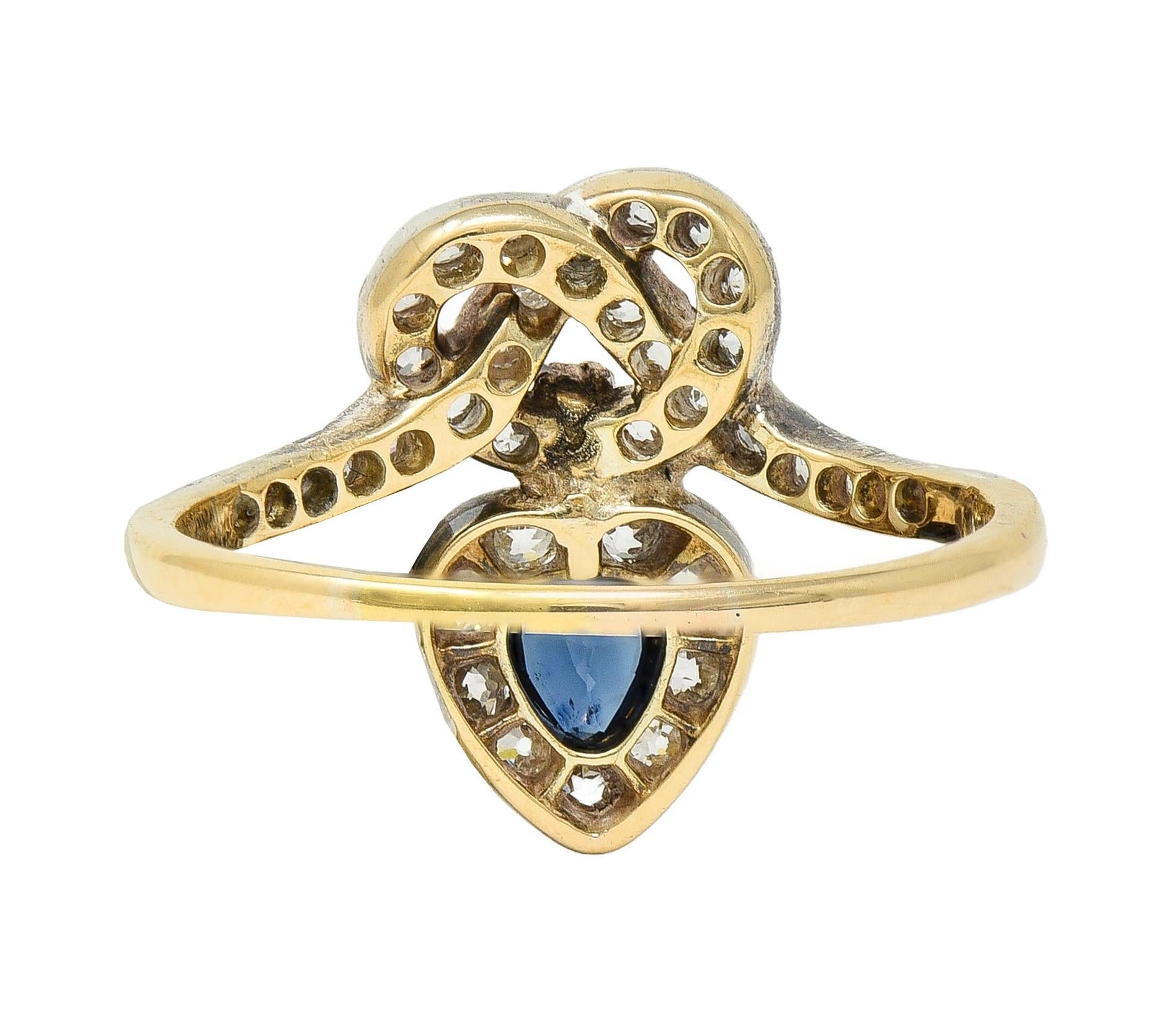 Victorian 1.60 CTW Sapphire Diamond Silver 14 Karat Gold Antique Love Knot Ring