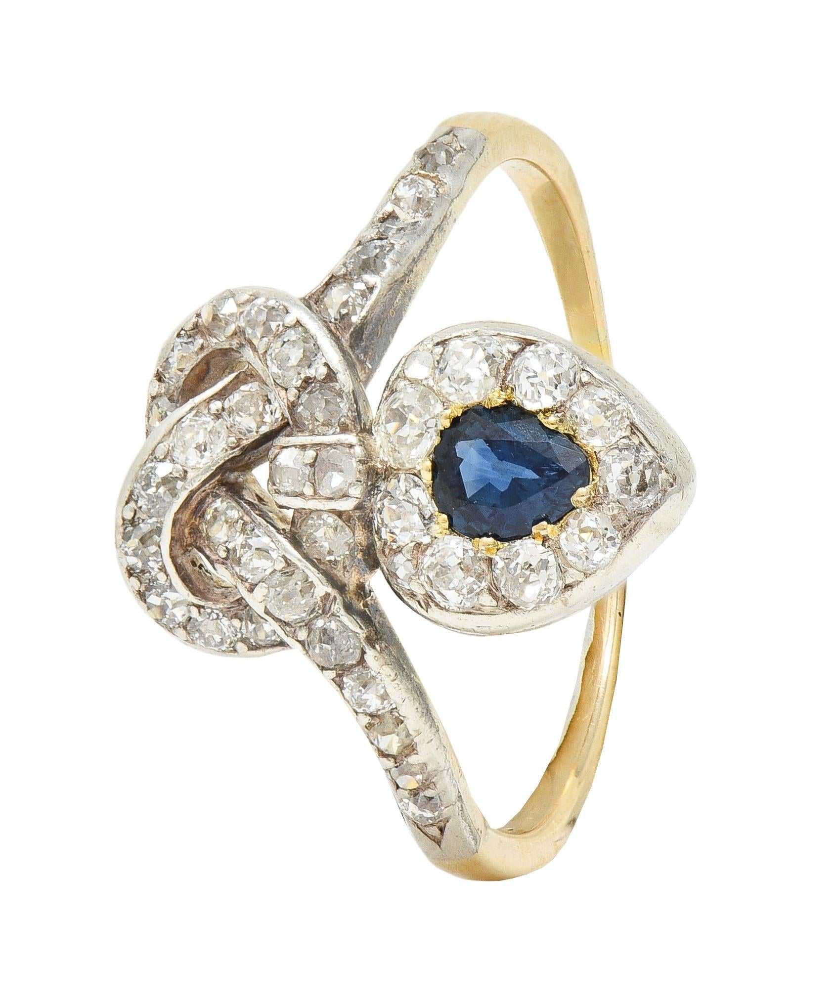 Victorian 1.60 CTW Sapphire Diamond Silver 14 Karat Gold Antique Love Knot Ring