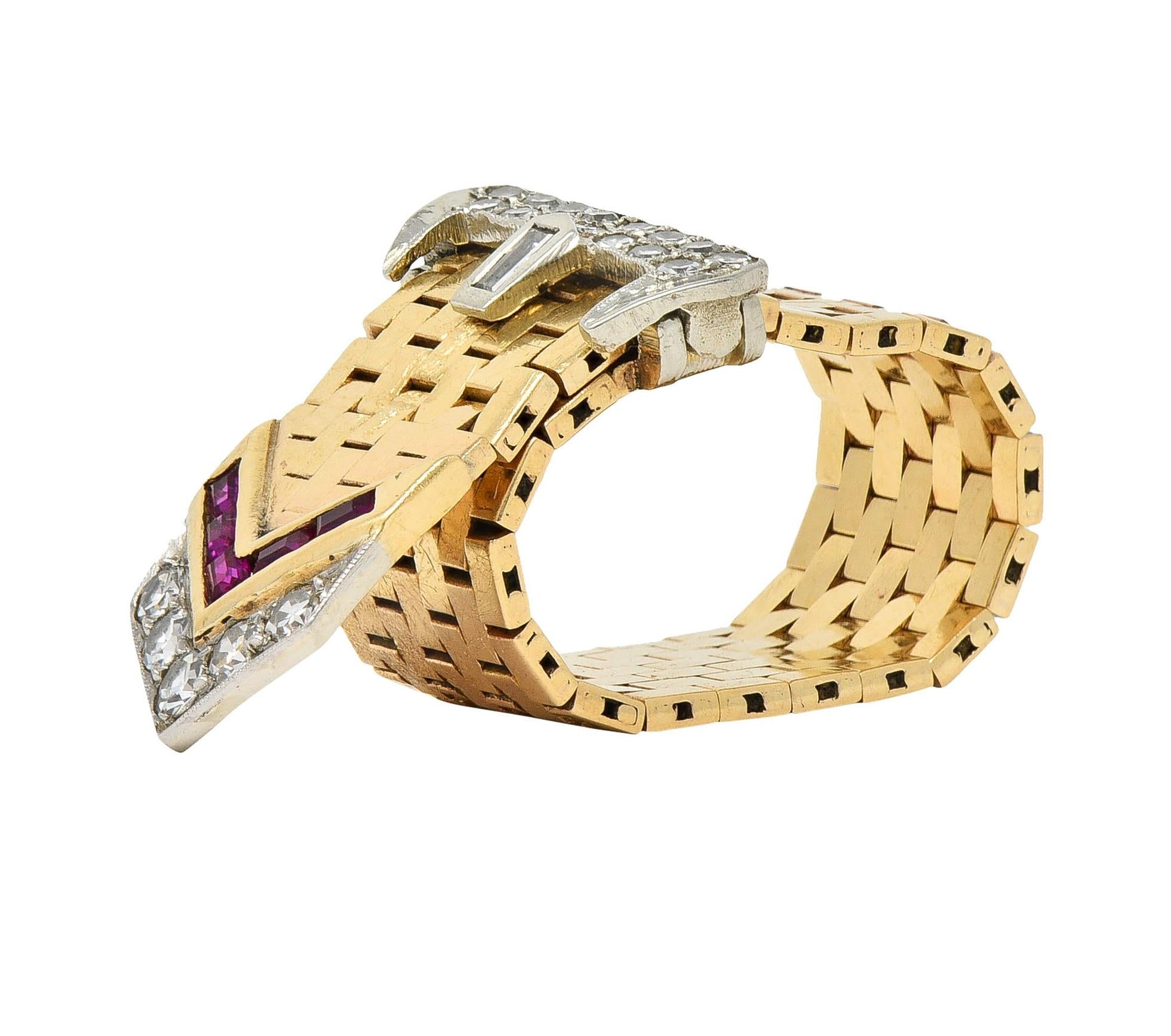 Retro 0.56 CTW Diamond 14 Karat Two-Tone Gold Vintage Mesh Buckle Ring