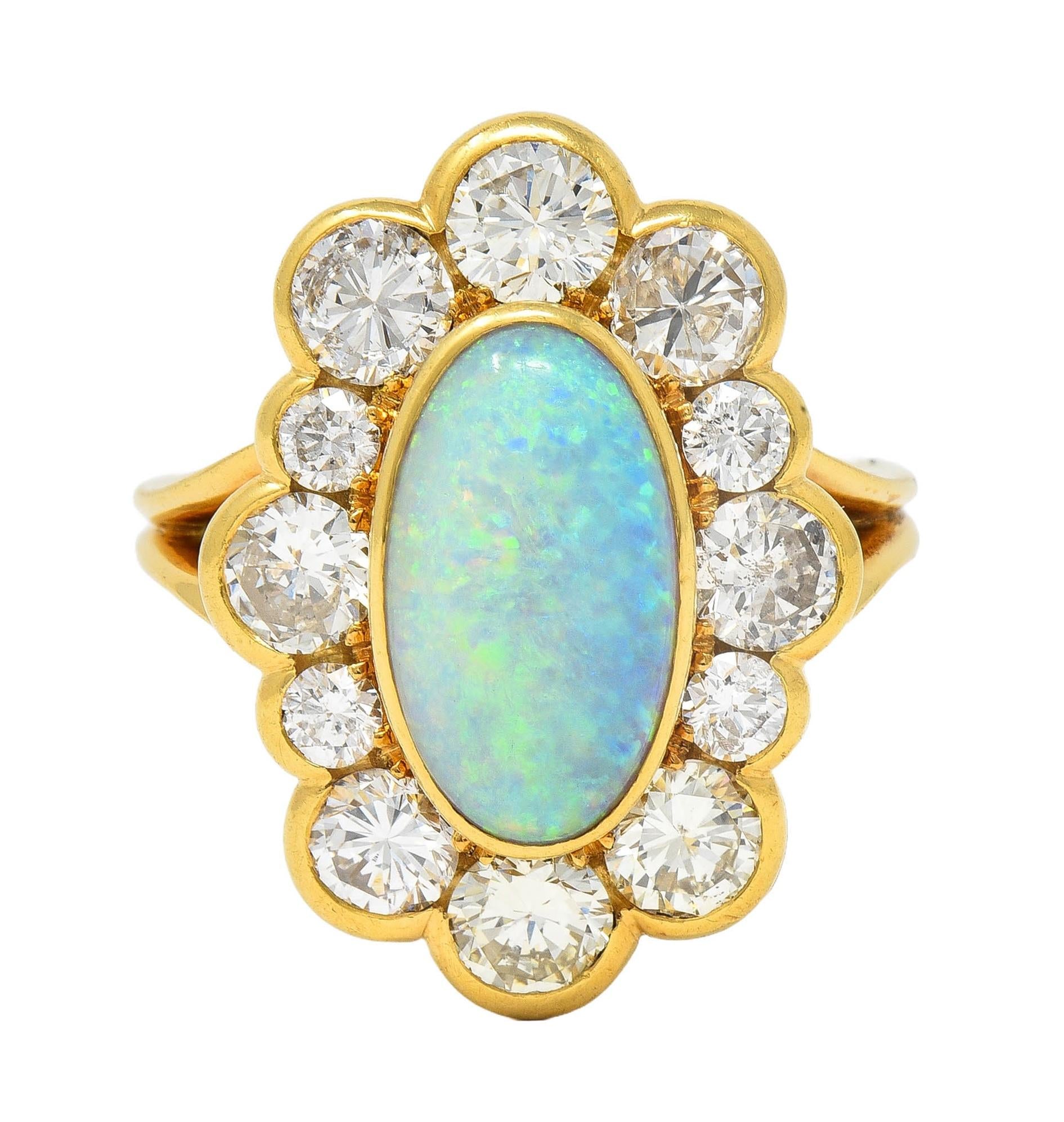 1970's 4.50 CTW Opal Diamond 18 Karat Yellow Gold Vintage Cluster Ring