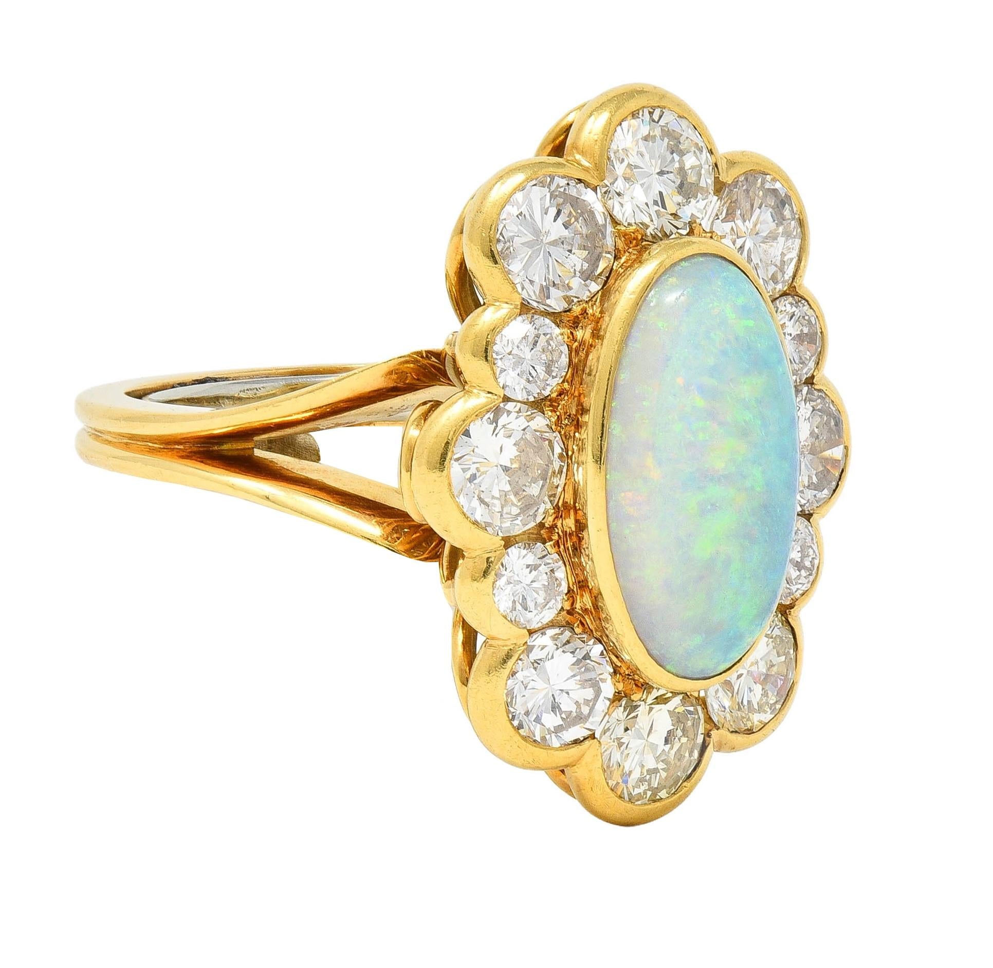 1970's 4.50 CTW Opal Diamond 18 Karat Yellow Gold Vintage Cluster Ring