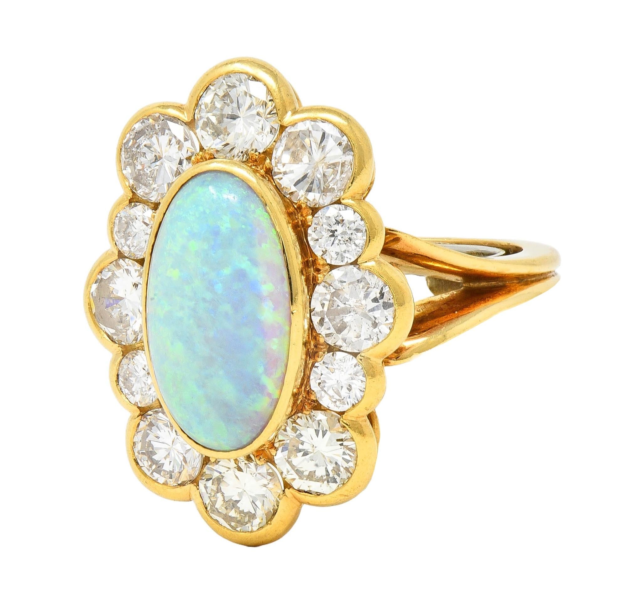 1970's 4.50 CTW Opal Diamond 18 Karat Yellow Gold Vintage Cluster Ring