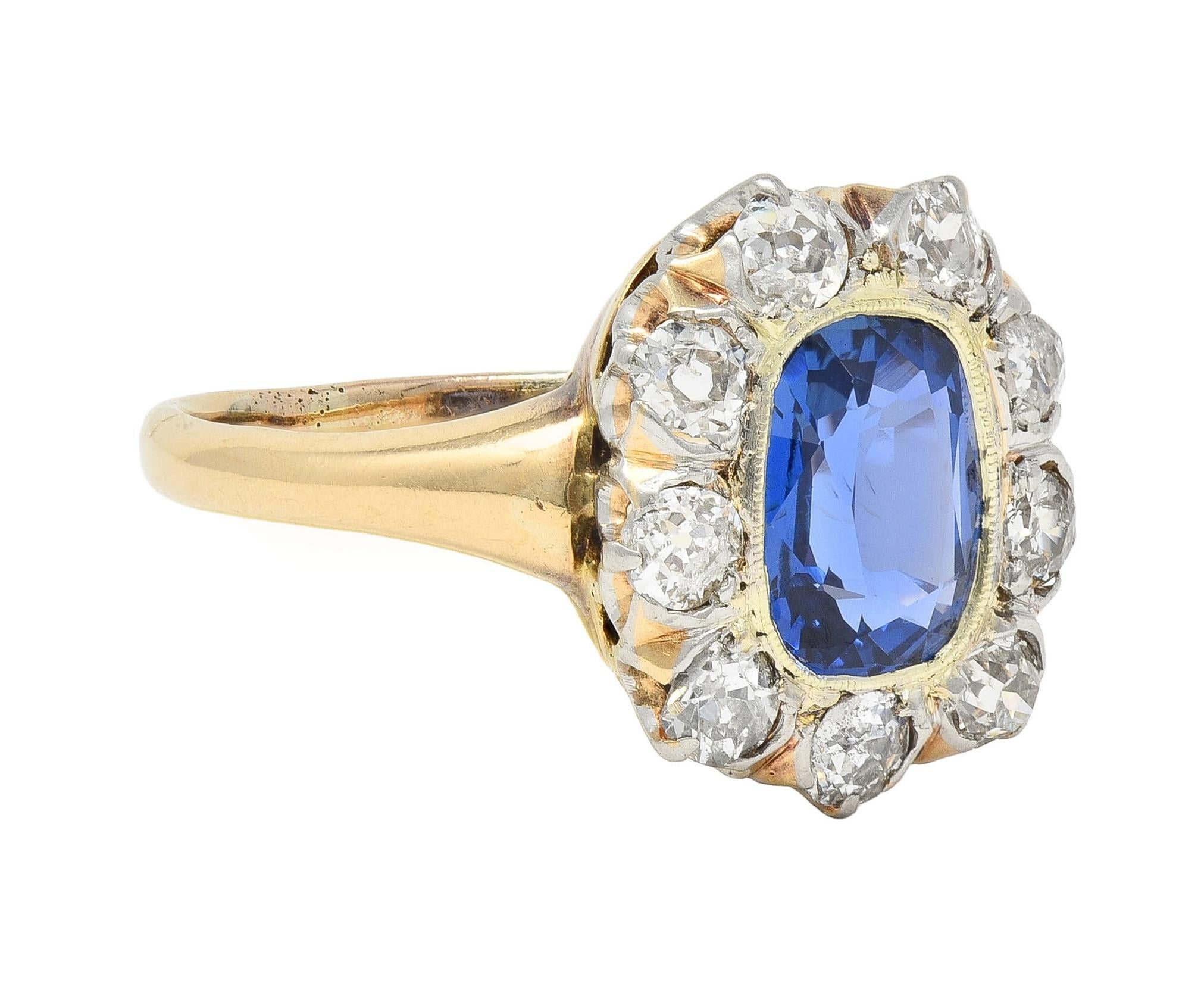 Edwardian 2.83 CTW No Heat Burma Sapphire Diamond Plat 18K Antique Halo Ring GIA