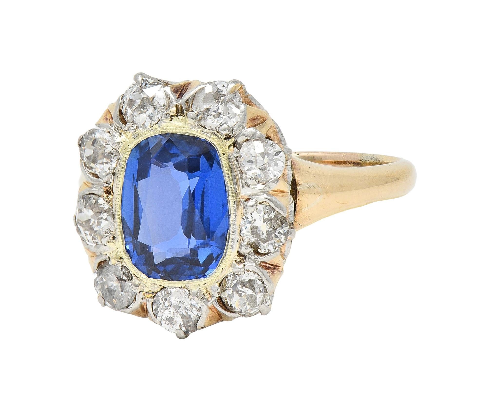 Edwardian 2.83 CTW No Heat Burma Sapphire Diamond Plat 18K Antique Halo Ring GIA