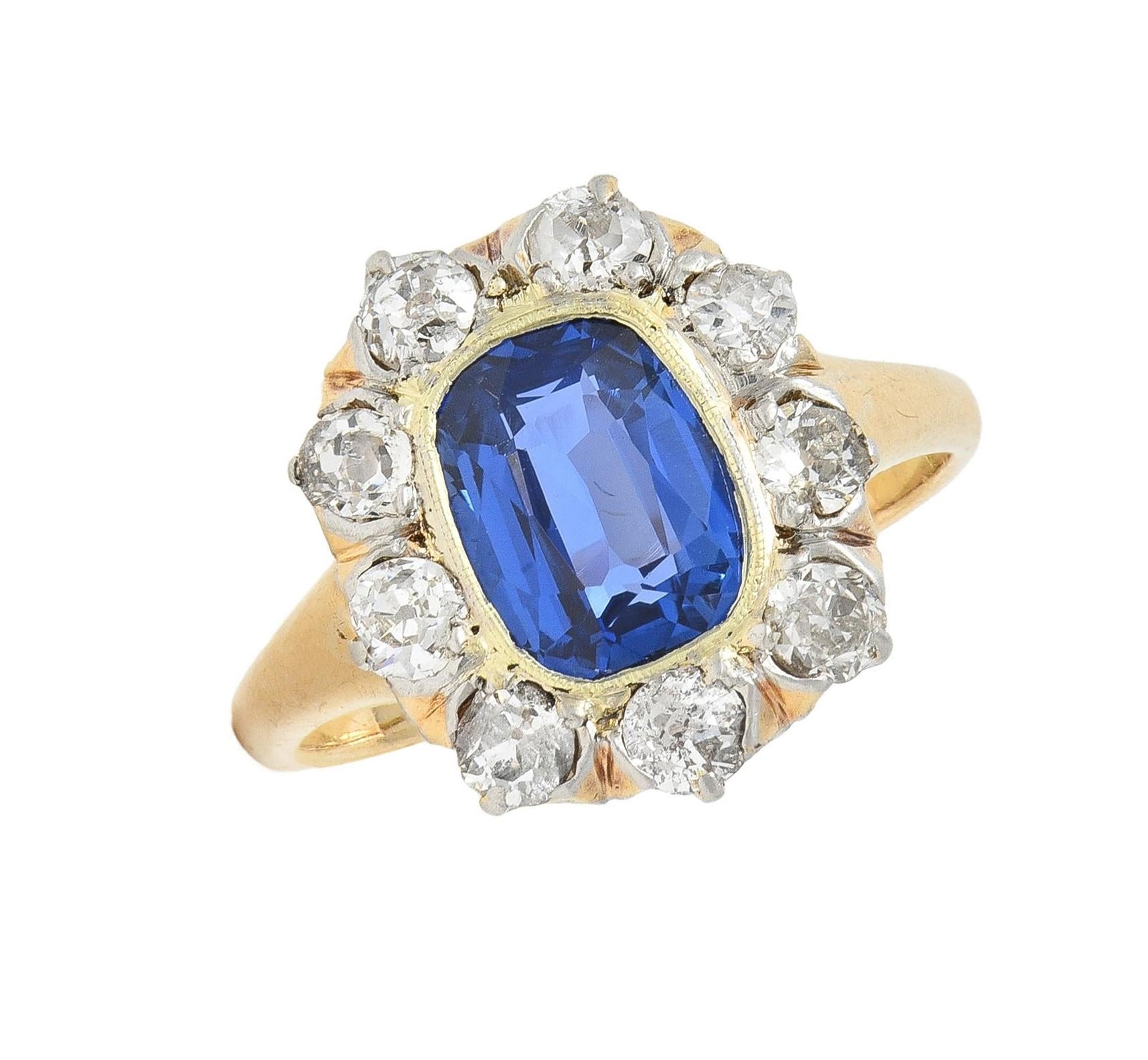 Edwardian 2.83 CTW No Heat Burma Sapphire Diamond Plat 18K Antique Halo Ring GIA