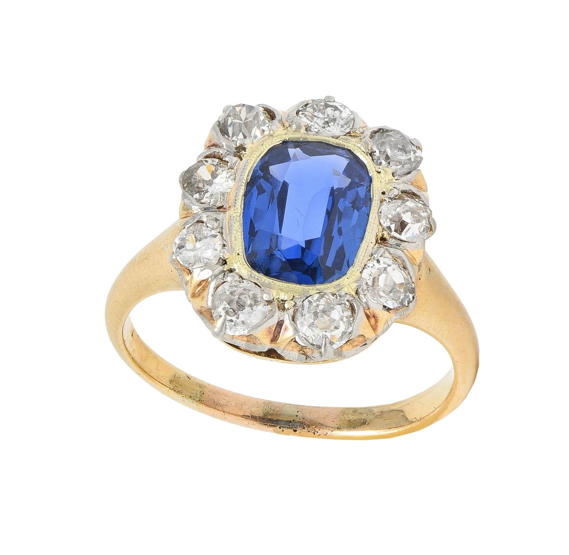 Edwardian 2.83 CTW No Heat Burma Sapphire Diamond Plat 18K Antique Halo Ring GIA