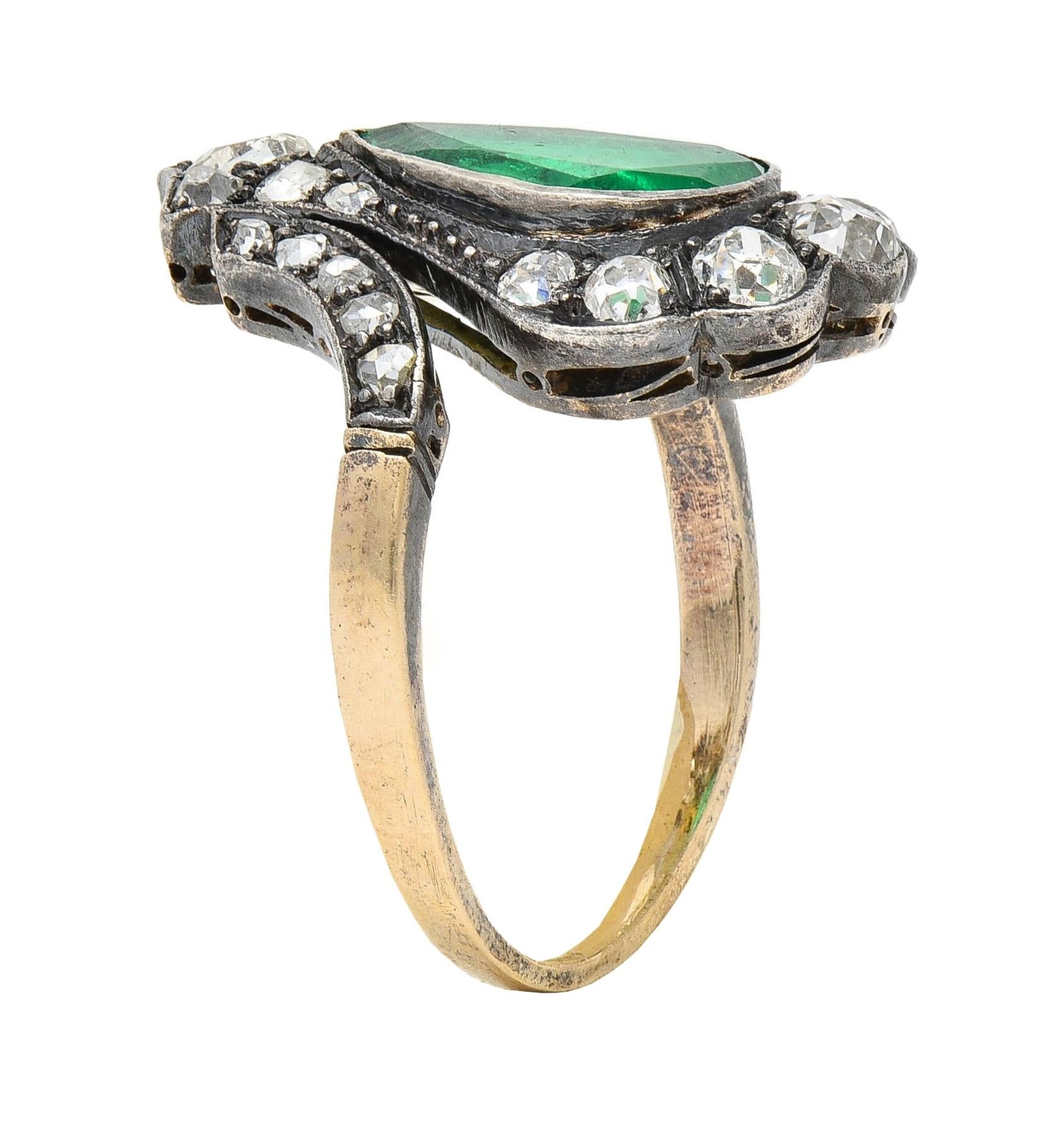 Victorian 2.96 CTW Emerald Diamond 14 Karat Gold Silver Antique Cluster Ring