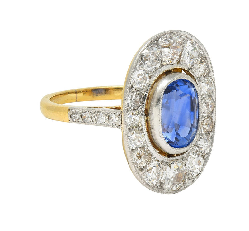 French Edwardian No Heat Ceylon Sapphire Diamond Platinum 18K Gold Antique Ring