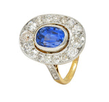 French Edwardian No Heat Ceylon Sapphire Diamond Platinum 18K Gold Antique Ring