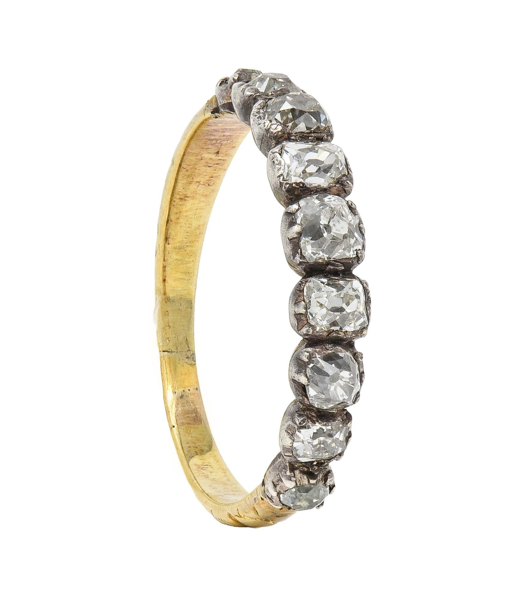 Late Georgian Old Mine Cut Diamond Silver-Topped 14 Karat Gold Antique Band Ring