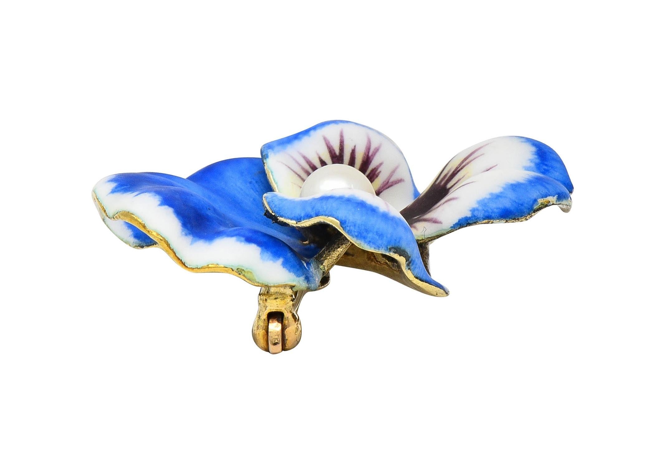 Henry Blank & Co. Art Nouveau Enamel Pearl 14 Karat Gold Antique Pansy Brooch