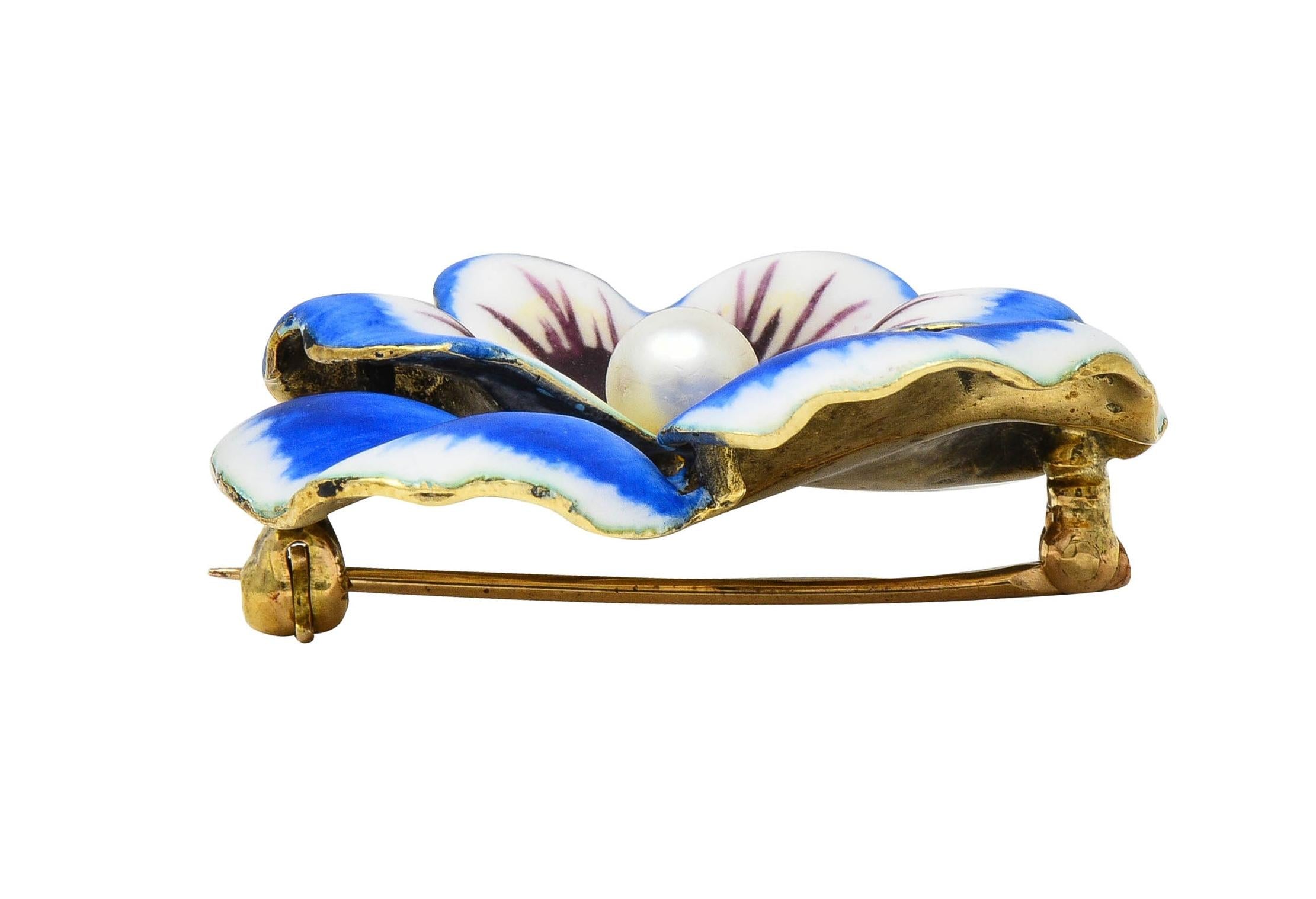 Henry Blank & Co. Art Nouveau Enamel Pearl 14 Karat Gold Antique Pansy Brooch