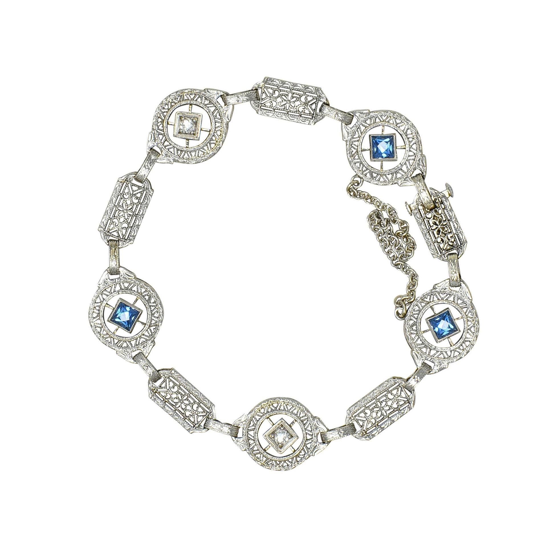 Art Deco 1.36 CTW Sapphire Diamond 14 Karat White Gold Vintage Heart Bracelet