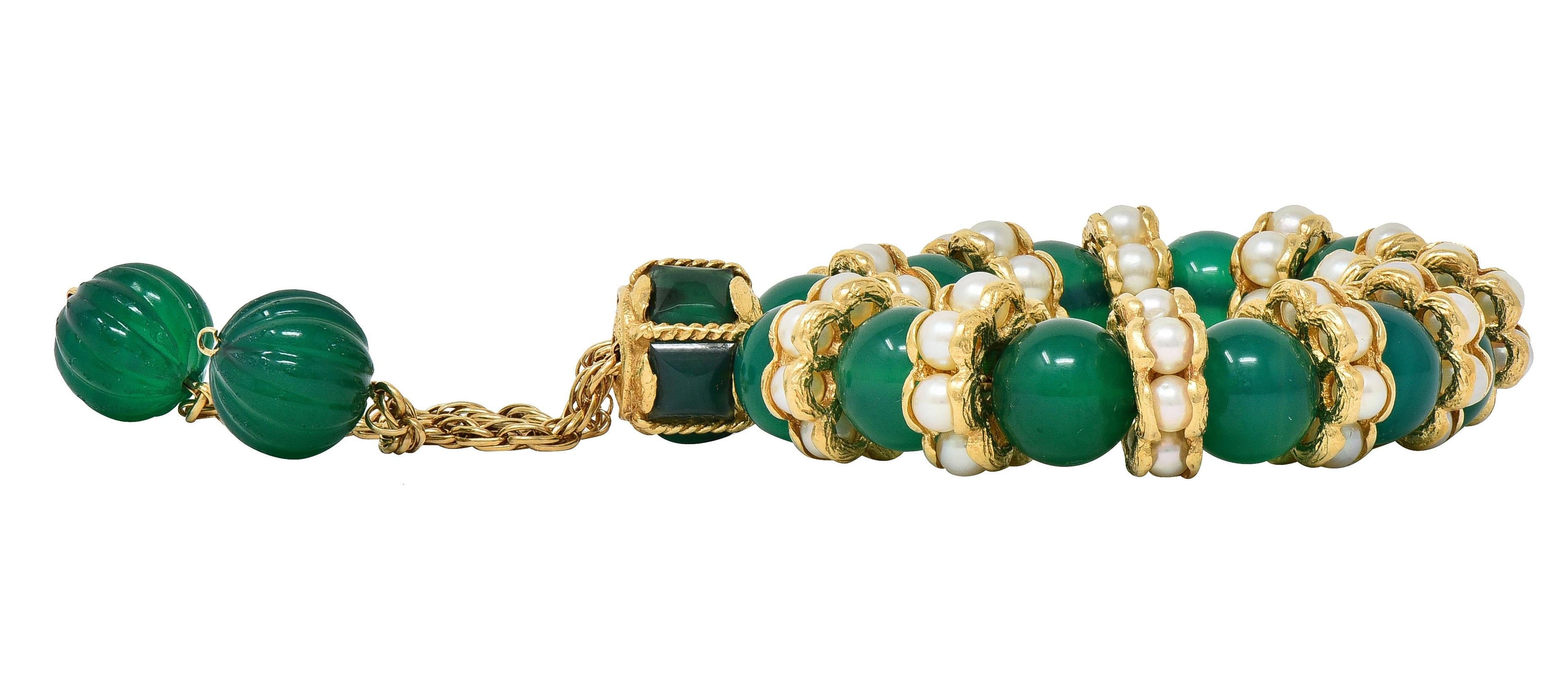 1970's Chrysoprase Pearl 14 Karat Yellow Gold Vintage Beaded Slide Bracelet