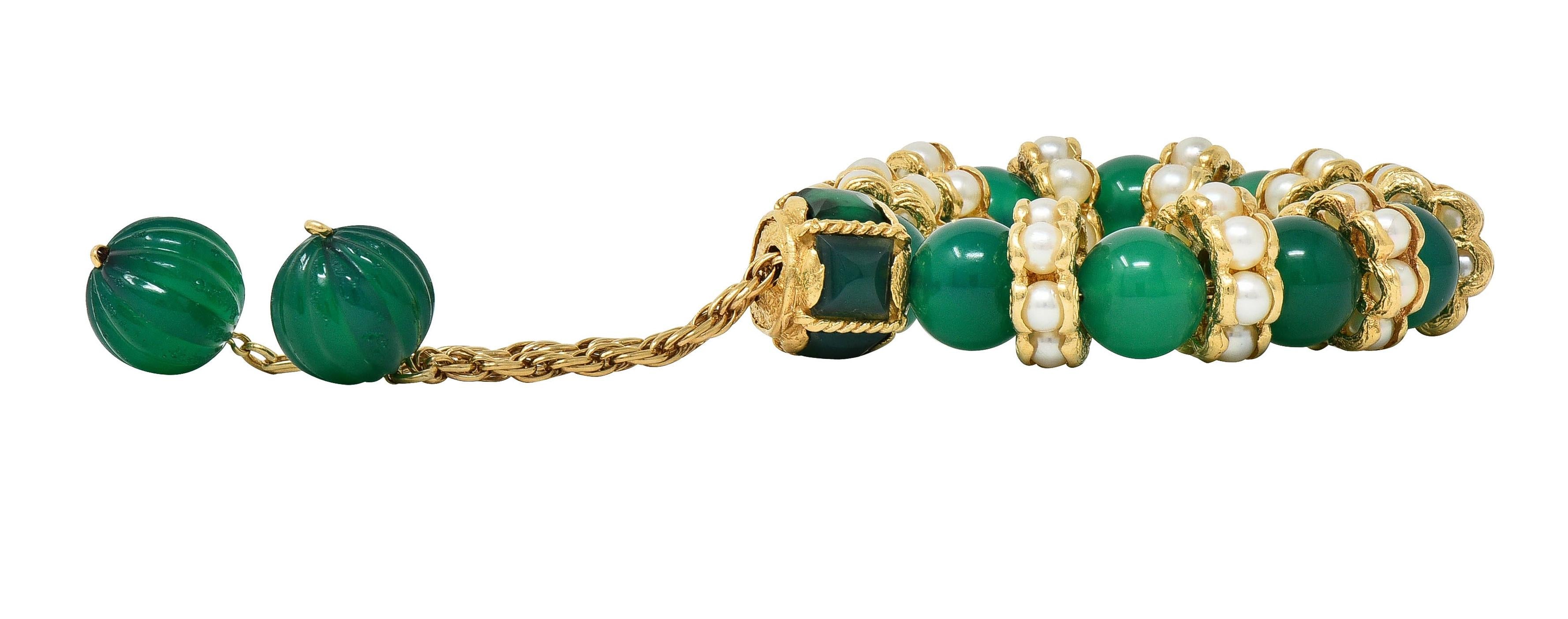 1970's Chrysoprase Pearl 14 Karat Yellow Gold Vintage Beaded Slide Bracelet