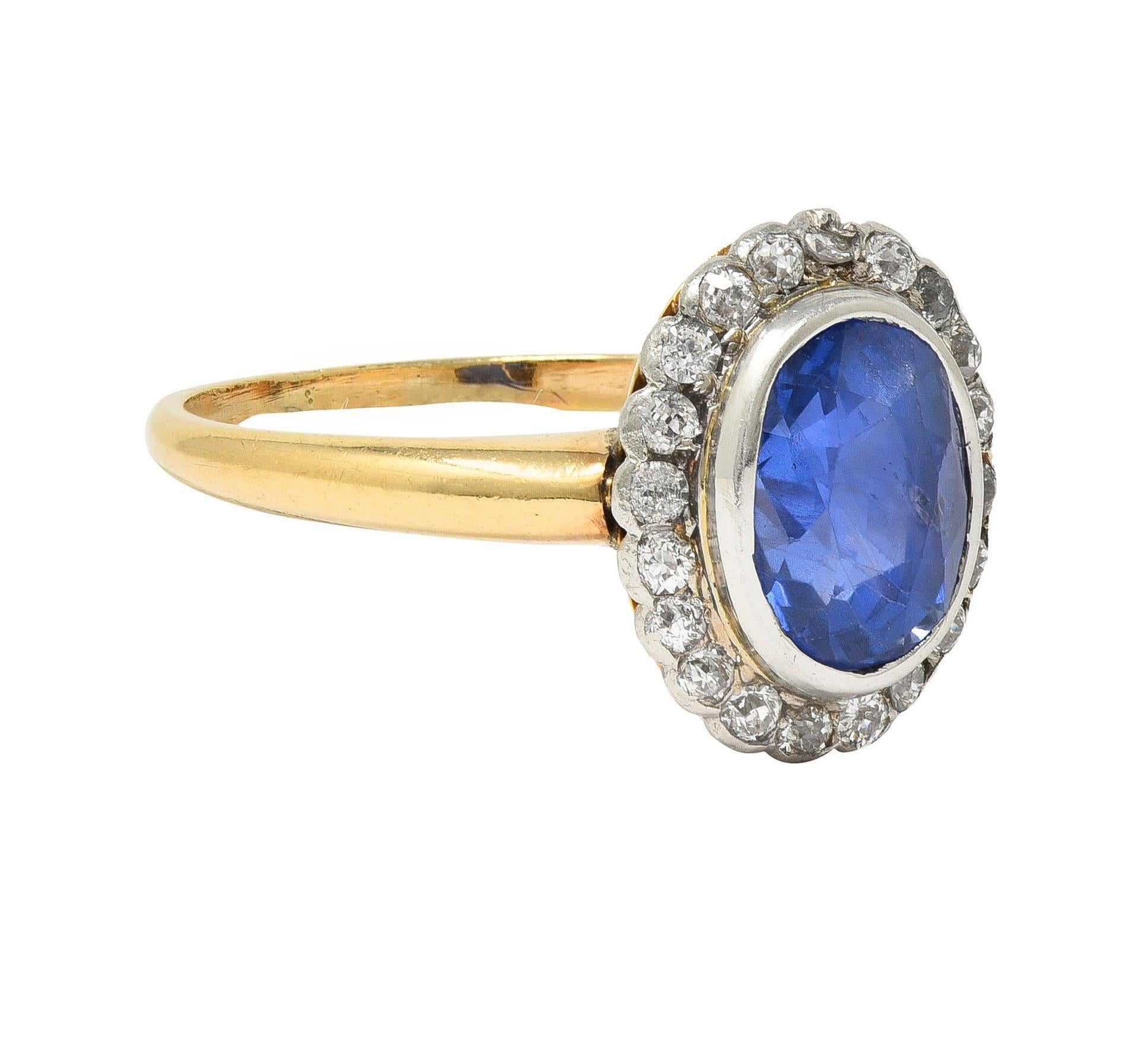 Antique 2.50 CTW No Heat Ceylon Sapphire Diamond Platinum 14K Gold Halo Ring GIA